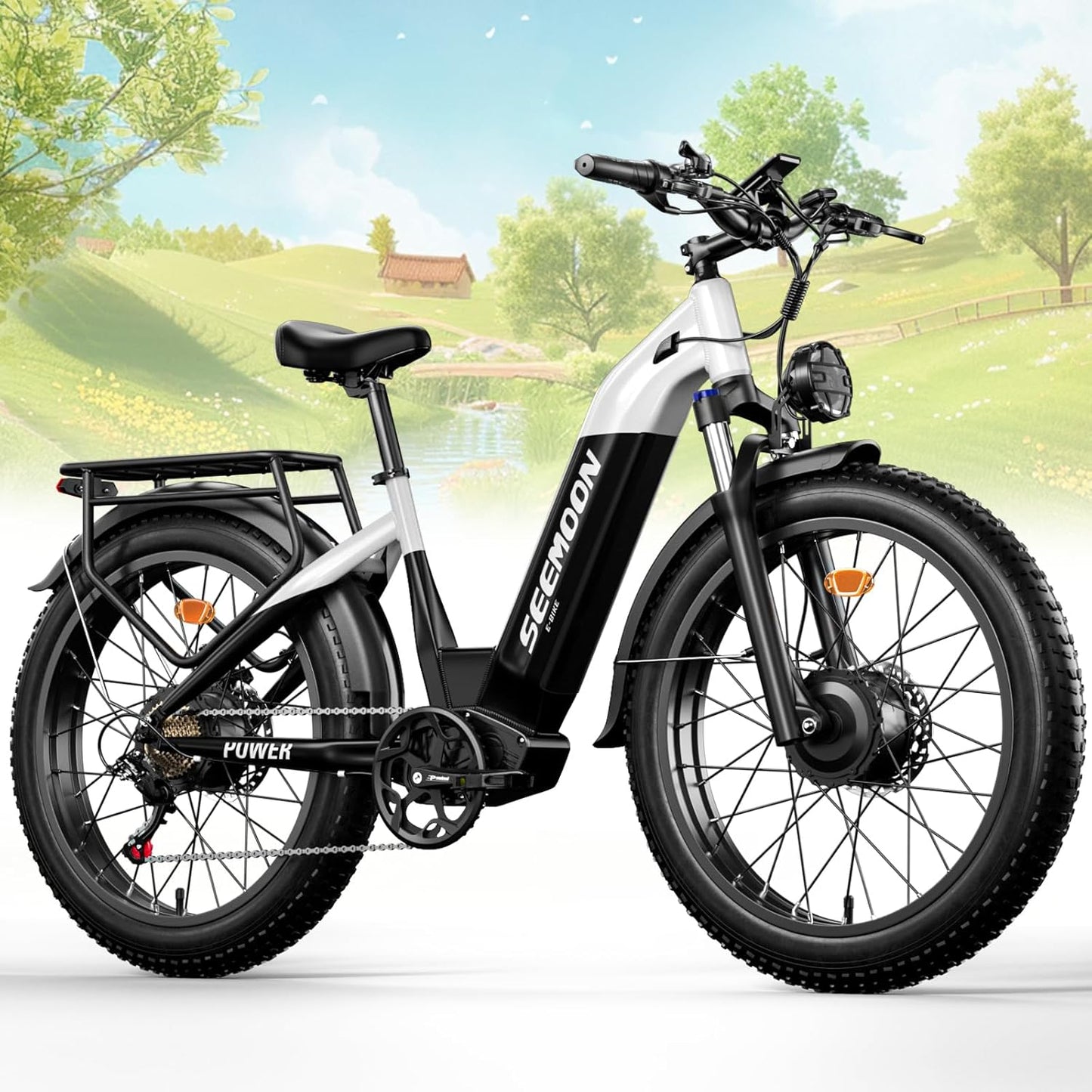 Seemoon Dual Motor 3000W Electric Bike for Adults, 52V 20Ah 26" Fat Tire Fast Ebike, Max 38 mph, up to 105 Miles, Hydraulic Brakes, Step-Through Design, Off-Road Mountain Hunting Bike for Men Women