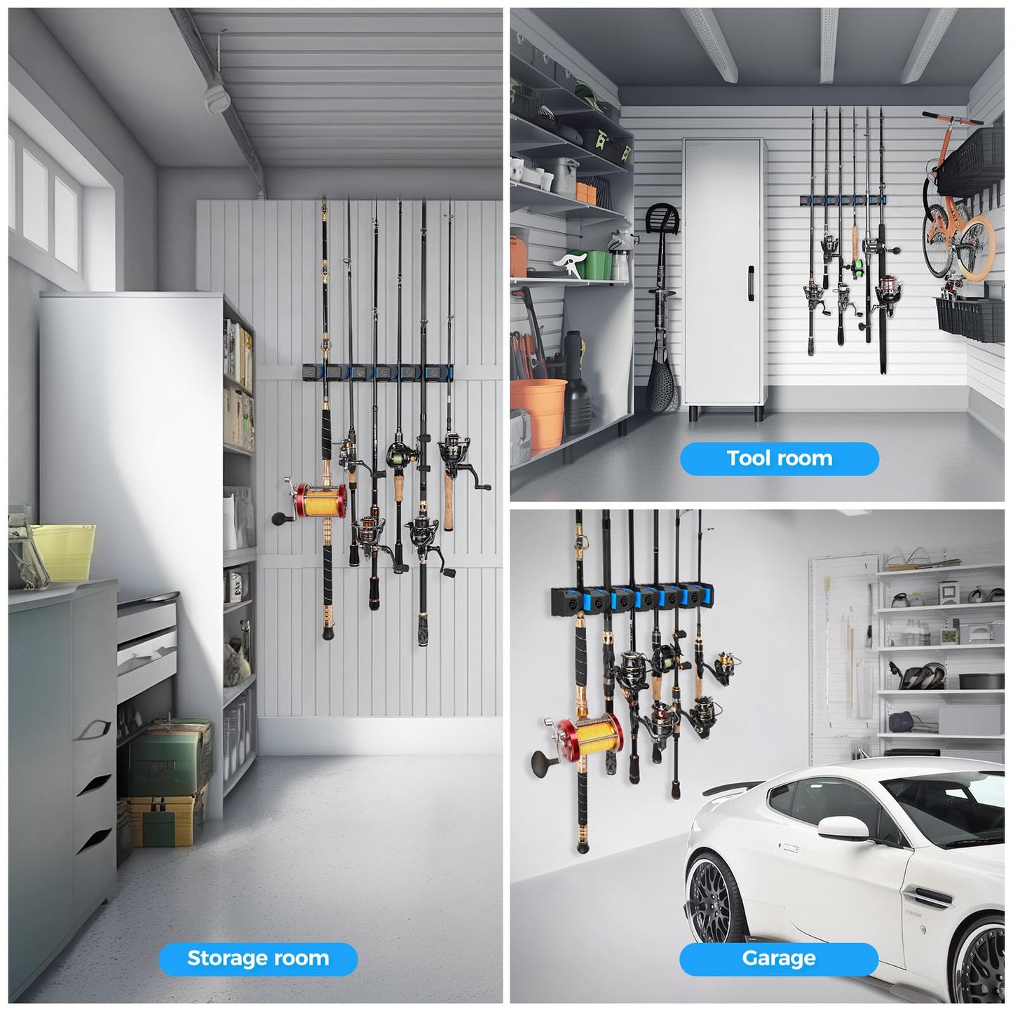 PLUSINNO Vertical Fishing Rod Holder, Wall Mounted Fishing Rod Rack, Fishing Pole Holder Holds Up to 9 Rods or Combos, Fishing Rod Holders for Garage, Fits Most Rods of Diameter 3-19mm