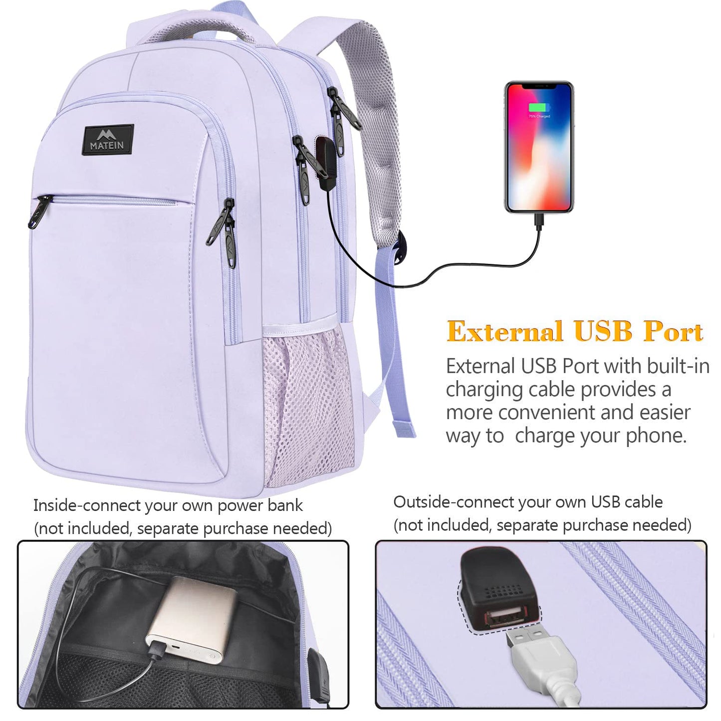 MATEIN Travel Laptop Backpack, Business Anti Theft Slim Sturdy Laptops Backpack with USB Charging Port, Water Resistant College School Computer Bag Gift for Men & Women Fits 15.6 Inch Notebook, Grey