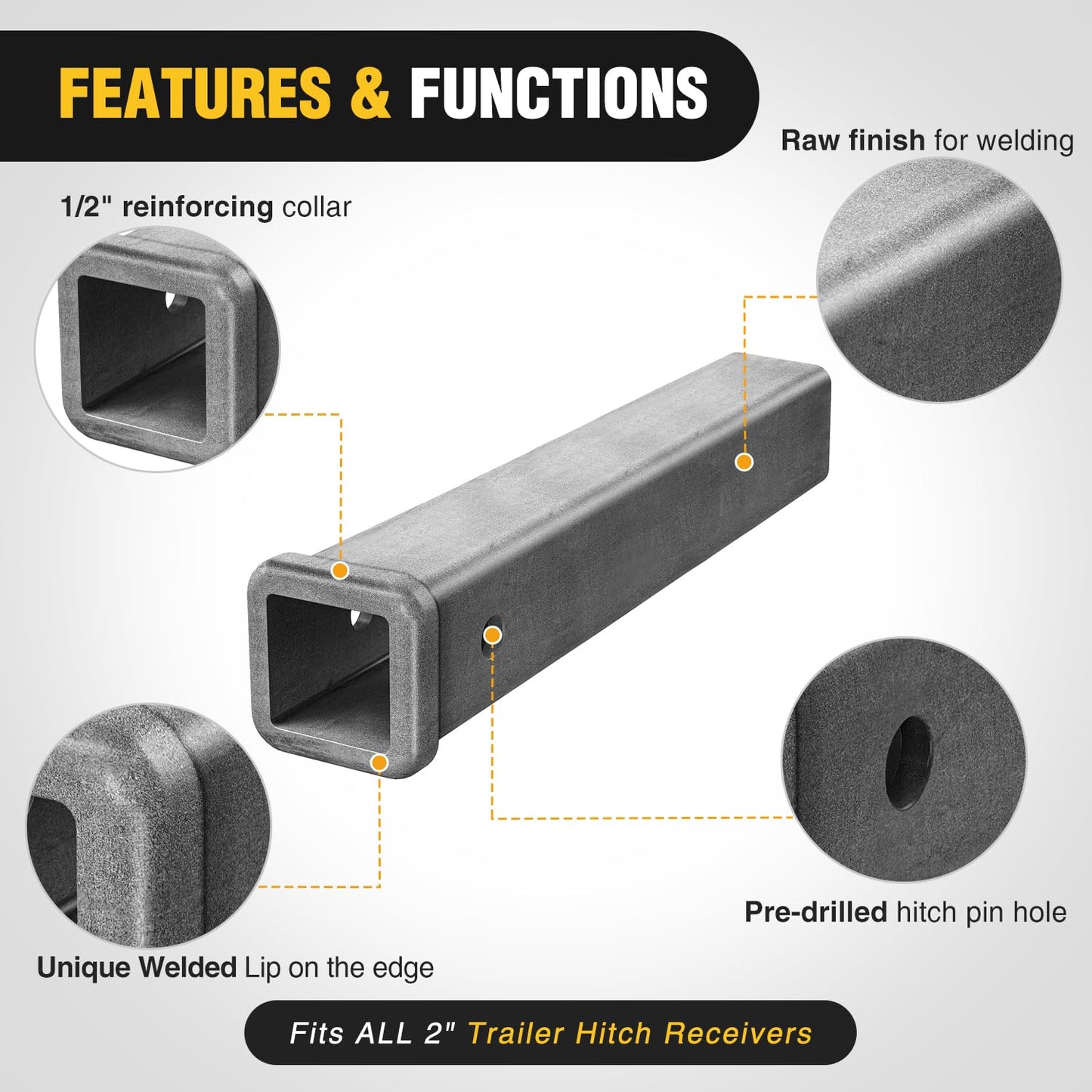 Nilight Trailer Hitch Receiver Extender Adapter Reducer 1-1/4 to 2Inch Hitch Adapter 6-1/2 inch Extension Sleeve Convertor 350Lbs with 1/2-Inch Diameter Pin and Clip with 5/8-Inch Adapter