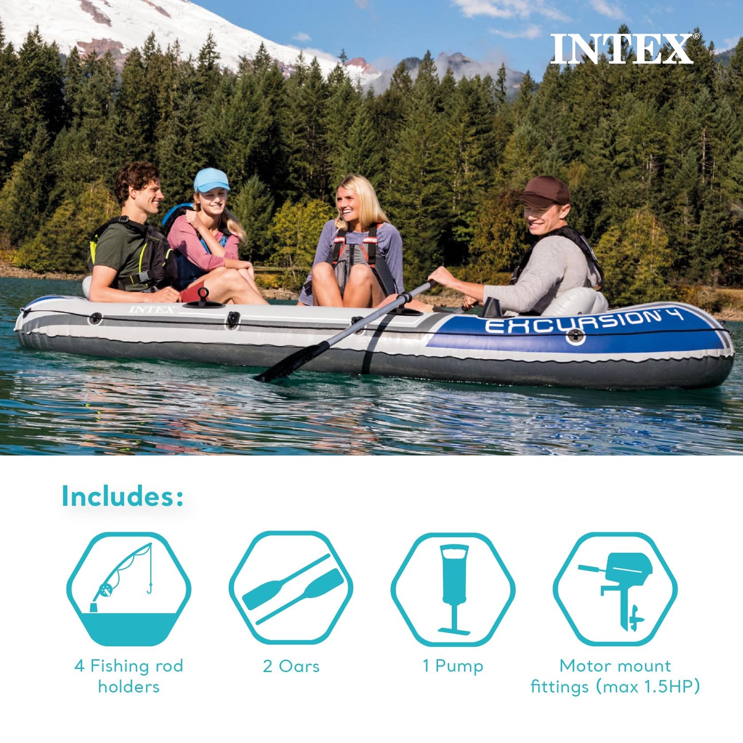 INTEX Excursion Inflatable Boat Series: Includes Deluxe 54in Boat Oars and High-Output Pump – SuperTough PVC – Adjustable Seats with Backrest – Fishing Rod Holders – Welded Oar Locks
