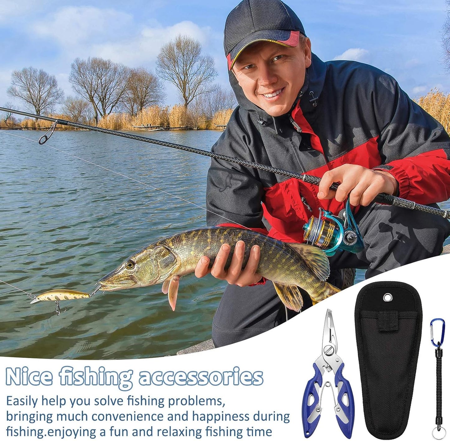 Skylety Fishing Tackle Tools 200 Pieces Split Fishing Rings with Plastic Box, 100 Pieces Treble Hooks Kit with Plastic Box, 1 Piece Lure Tackle Connector Fishing Plier and 1 Piece Fishing Lanyard