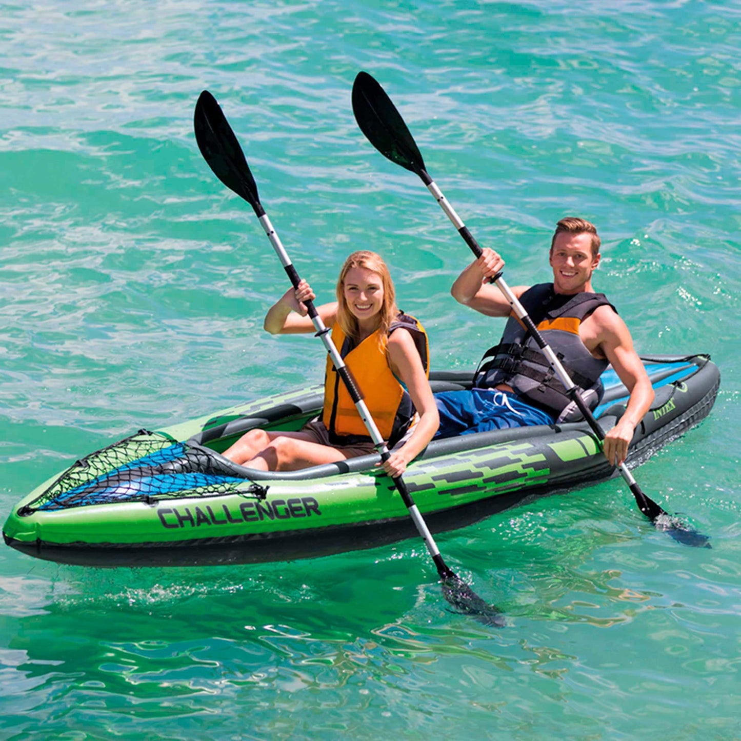 INTEX Challenger Inflatable Kayak Series: Includes Deluxe 86in Kayak Paddles and High-Output Pump – SuperStrong PVC – Adjustable Seat with Backrest – Removable Skeg – Cargo Storage Net