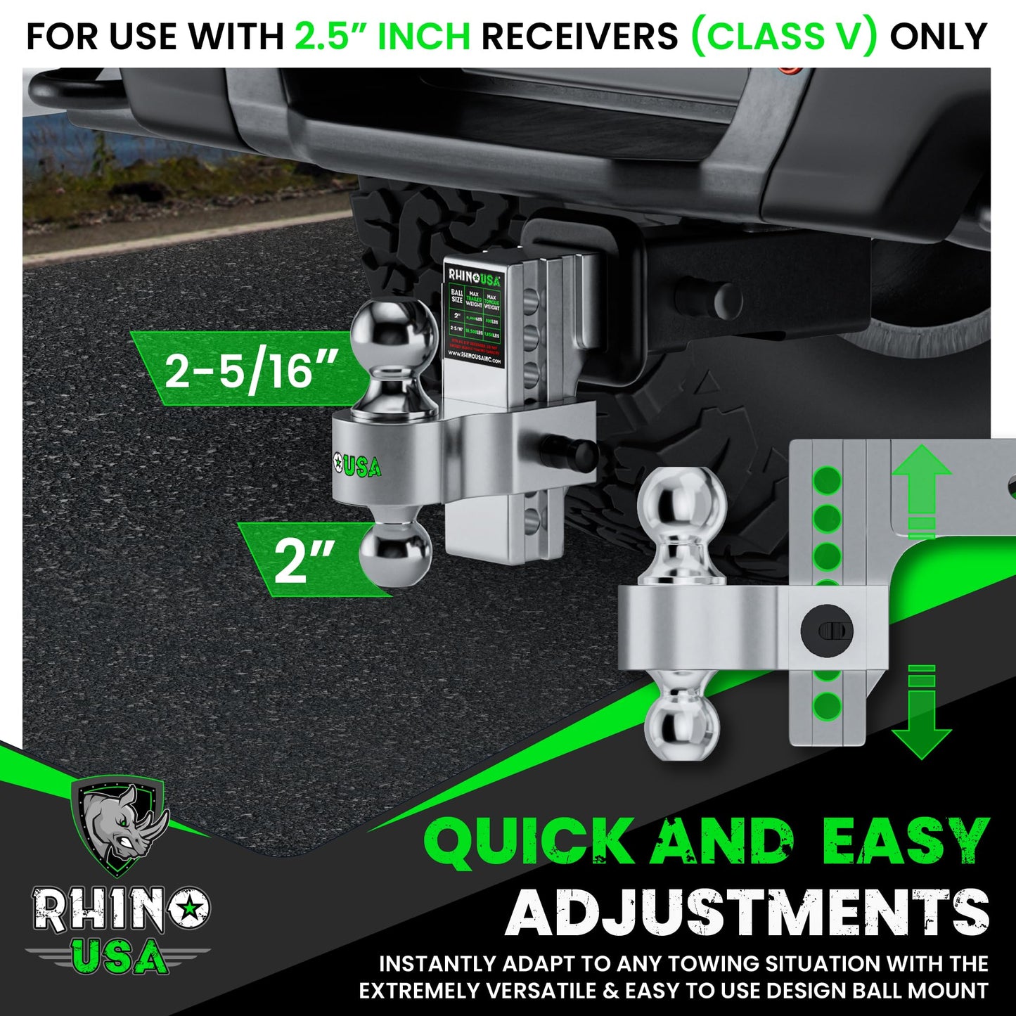 Rhino USA Adjustable Trailer Hitch (Fits 2-Inch Receiver) - Heavy Duty Aluminum Tow Hitches with 6-Inch Drop/Rise for Truck (12,500 LBS GTW) - Weatherproof Double Anti-Theft Locking Hitch Pins (Black)