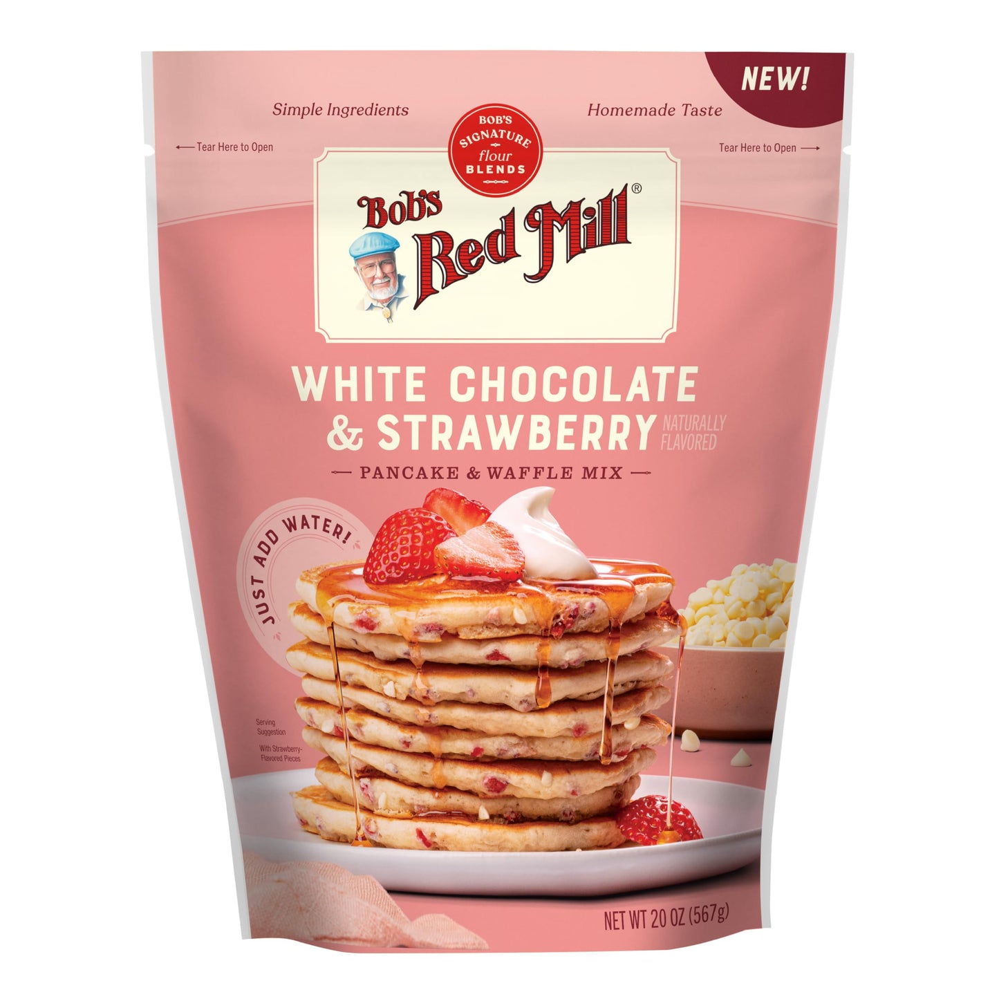 Bob's Red Mill White Chocolate & Strawberry Pancake Mix, 20oz (Pack of 4) - Just Add Water, Makes 32-40 Pancakes per Bag