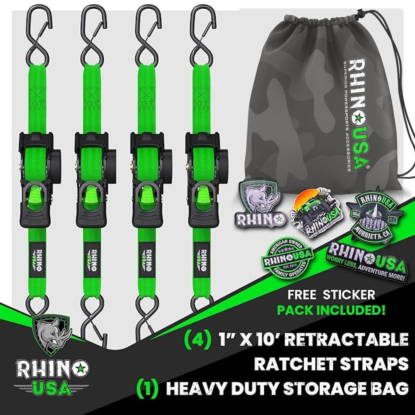 Rhino USA Retractable Ratchet Straps (4-Pack) - 1 Inch x 10 Feet (1,209lb Break Strength) - Heavy Duty Auto Self Retracting Tie Down Straps for Truck, Cargo Trailer, Motorcycle, Rad & More - Black