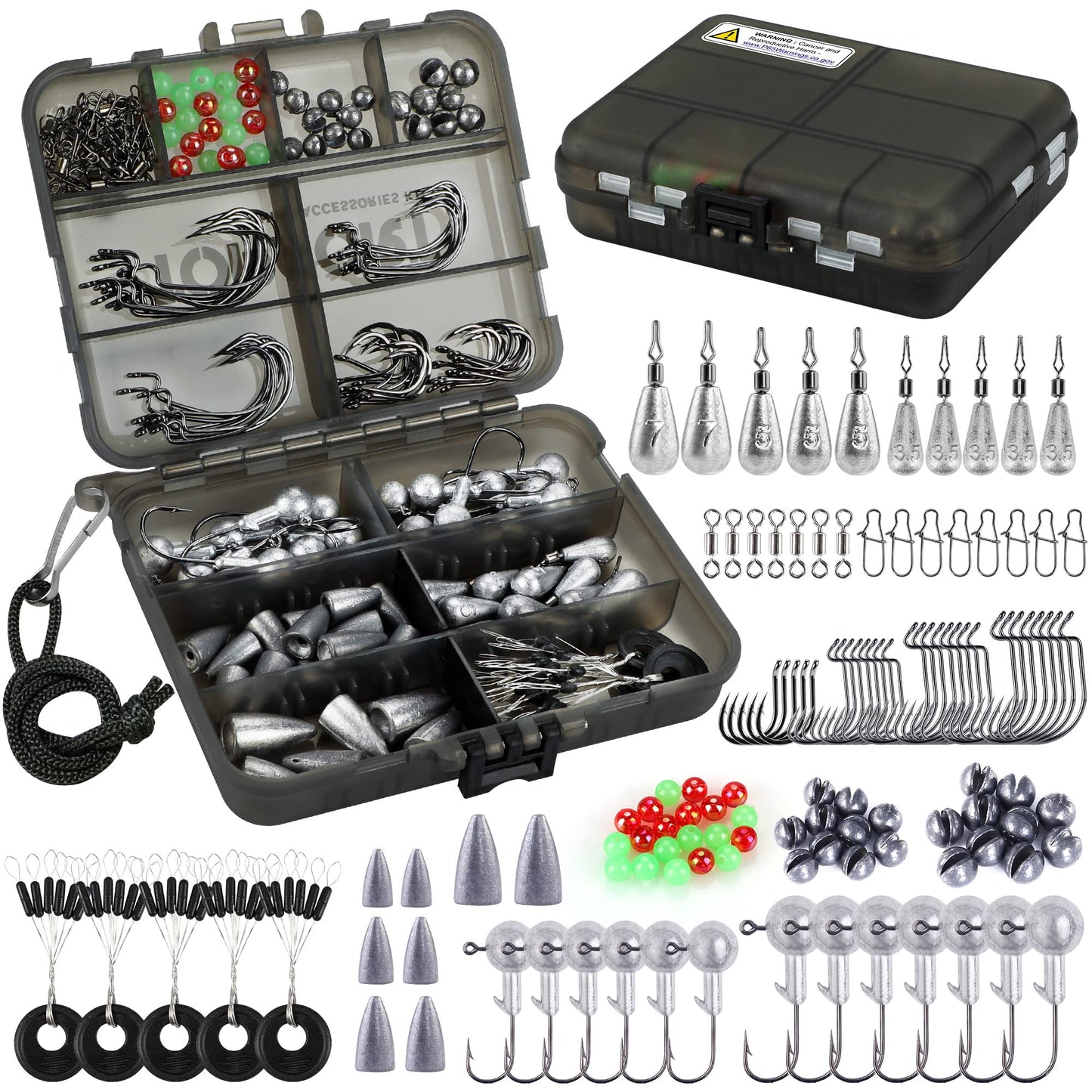 TOPFORT 187/343pcs Fishing Accessories Kit, Organized Fishing Tackle Box with Tackle Included, Fishing Hooks, Fishing Weights Sinkers, Fishing Gear and Equipment, Fishing Gift for Men