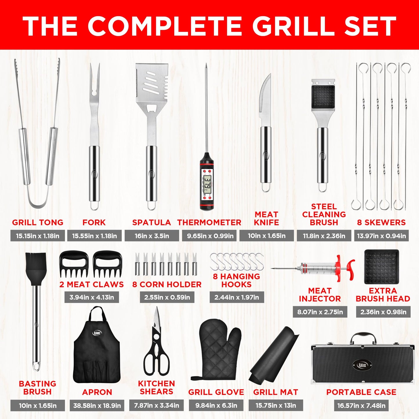 Kaluns Grilling Accessories, Dad Gifts for Fathers Day Grilling Gifts, Heavy Duty Stainless Steel BBQ Grill Tools Set for Outdoor Grill with Aluminum Case and Apron, Dad Birthday Gifts for Men Husband