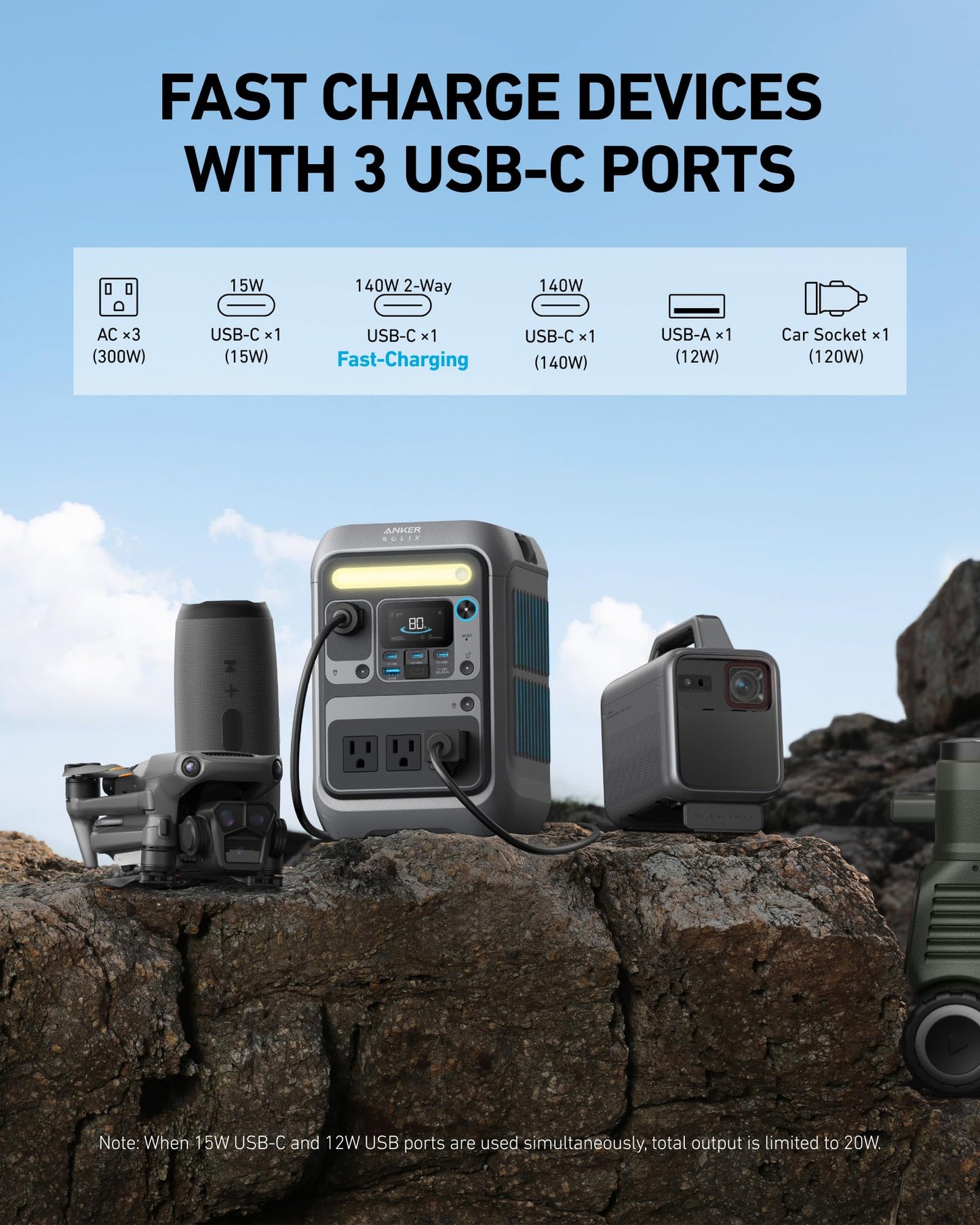 Anker SOLIX C300 Portable Power Station, Outdoor 288Wh LiFePO4 Battery, 300W (600W Surge) Solar Generator, 140W Two-Way Fast Charging, for Camping, Traveling, and Emergencies (with 60W Solar Panel)