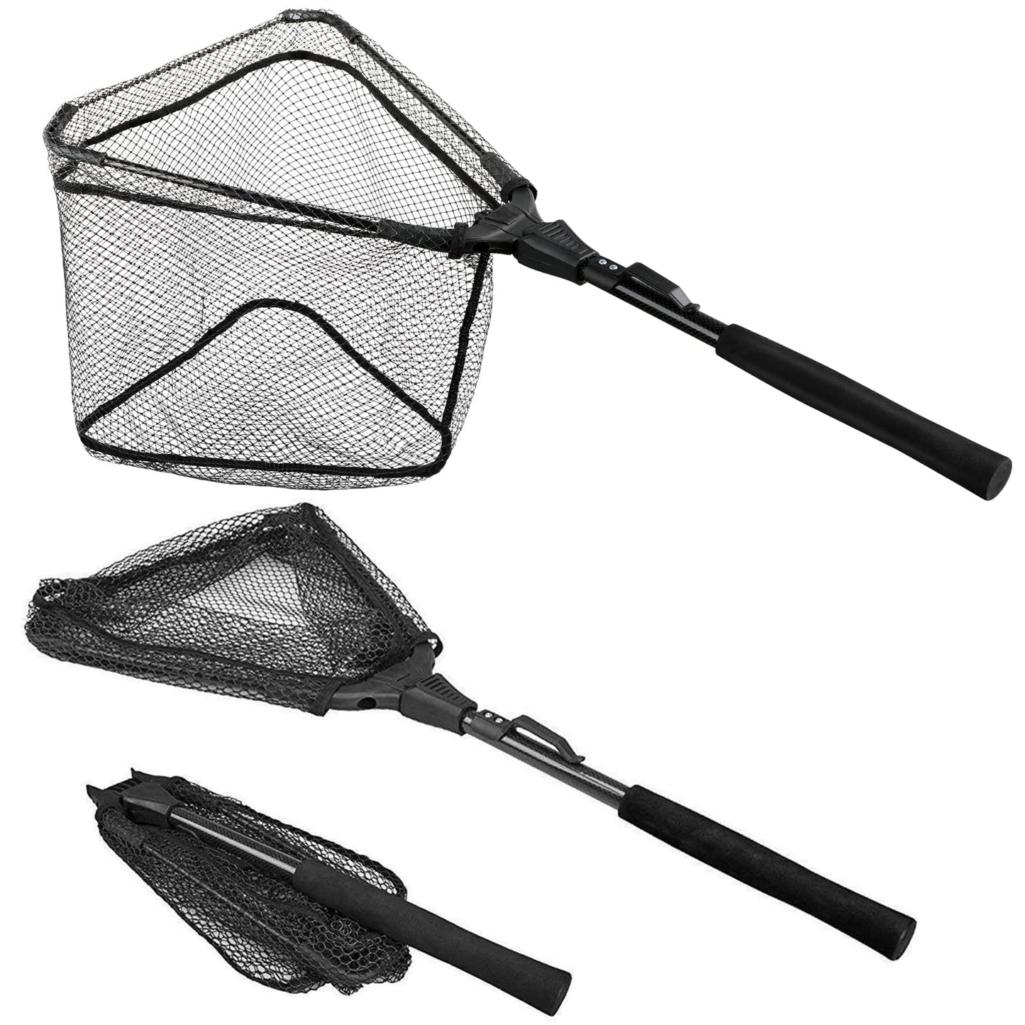PLUSINNO Fishing Net Fish Landing Net, Foldable Collapsible Telescopic Pole Handle, Durable Nylon Material Mesh, Safe Fish Catching or Releasing