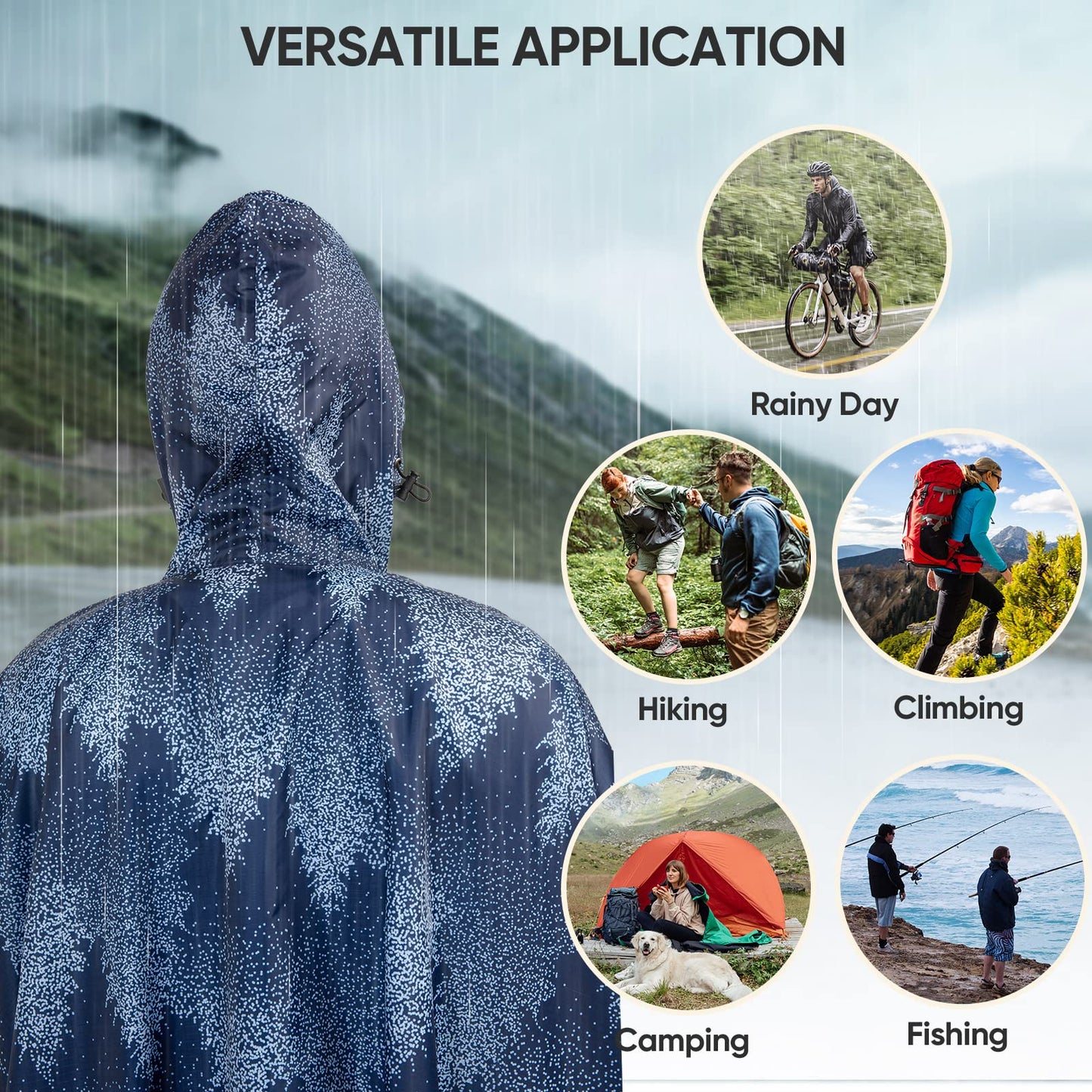 PTEROMY Hooded Rain Poncho for Adult with Pocket, Waterproof Lightweight Unisex Raincoat for Hiking Camping Emergency