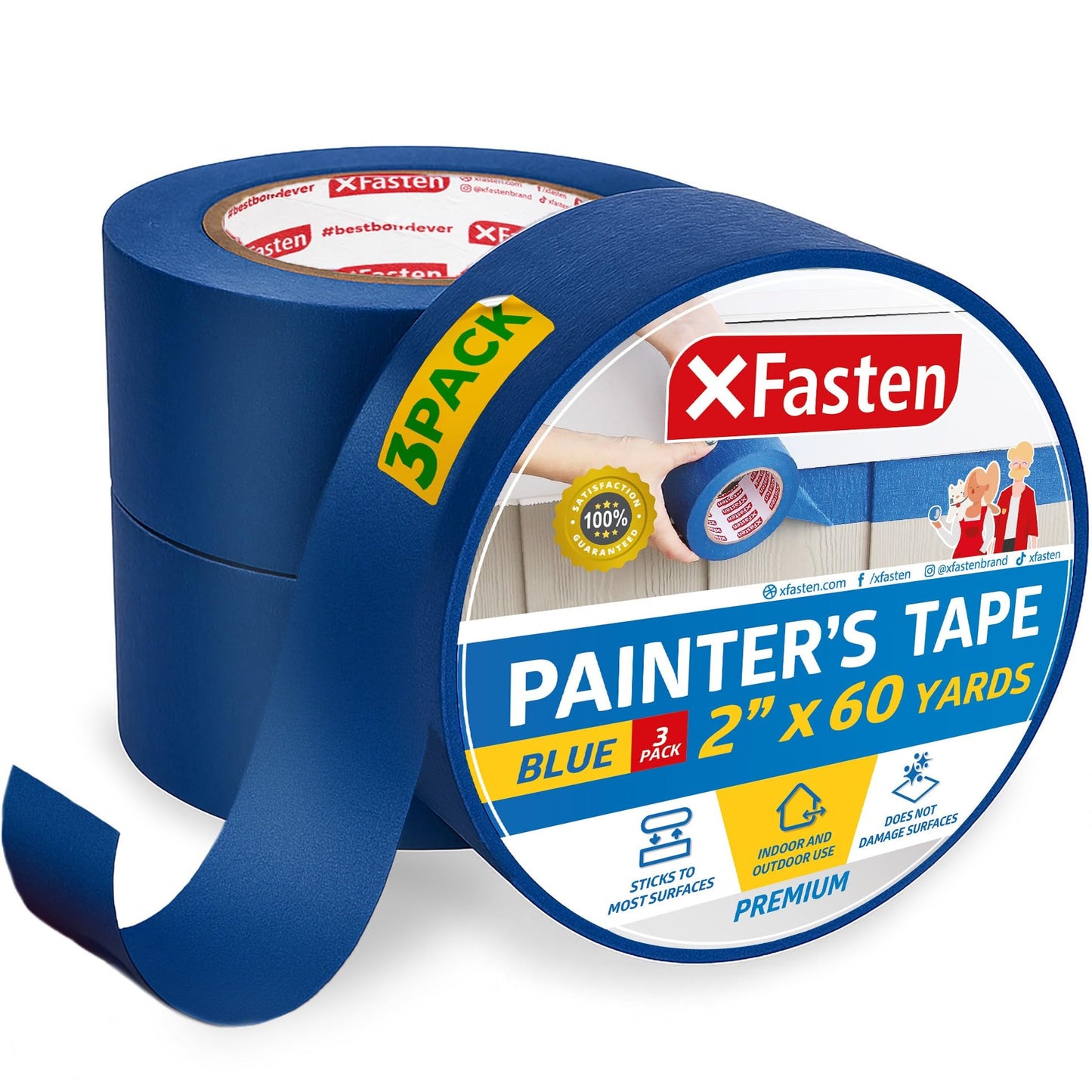 XFasten Blue Painters Tape Bulk 3-Inch x 60-Yards (12-Pack, 2160ft Total) Wall Safe Painters Tape 3 Inch Wide, Blue Masking Tape Bulk, Paint Tape for Walls, Painting, Automotive