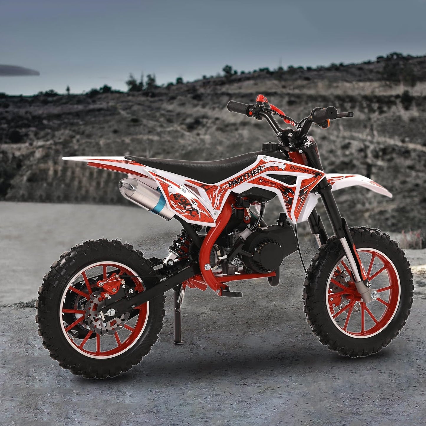 49cc Kids Dirt Bike, Gas Powered 2-Stroke Mini Motocross Motorcycle, Off-Road Dirtbike for Kids 8-14 with Front/Rear Disc Brakes, Shock Absorption, Soft Seat Cushion