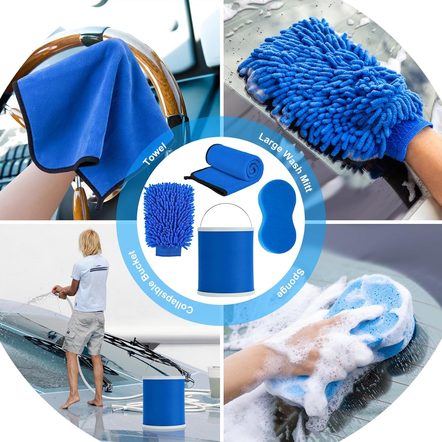 AUTODECO 12Pcs Boat Wash Cleaning Kit with Collapsible Bucket Wash Sponge Mitt Microfiber Towel Squeegee Scrub Pads Brushes Complete Interior Exterior Cleaning Set for Boat