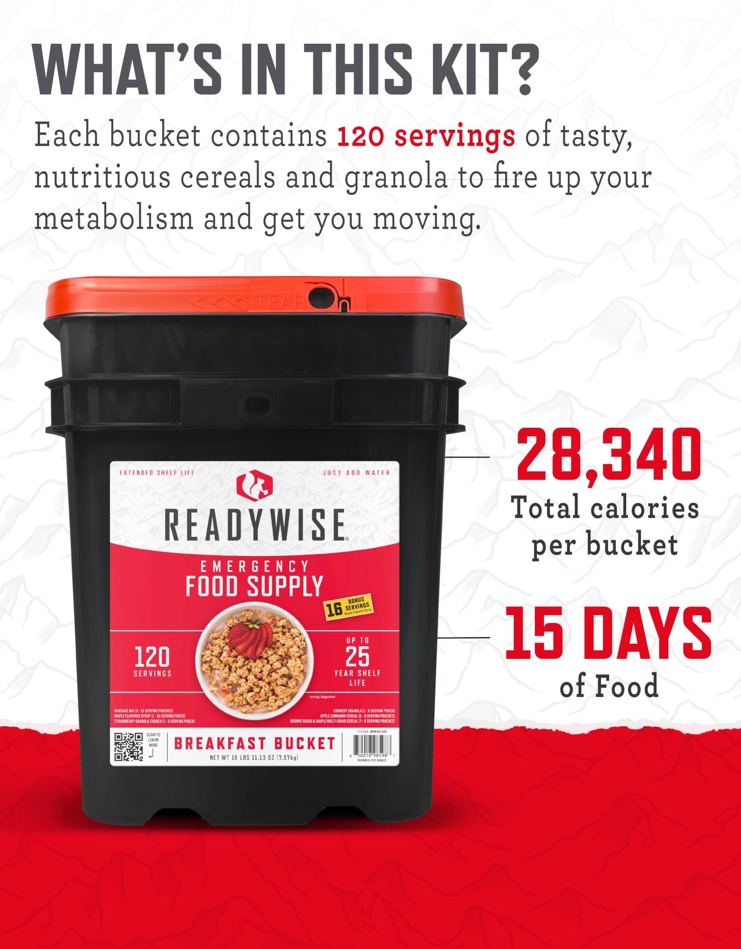 READYWISE - Emergency Food Supply Bucket, 120 Servings, MRE Meal Food Supply, Premade, Freeze Dried Survival Rations for Hiking, Adventure & Camping Essentials, Individually Packaged, 25 Year Shelf Life