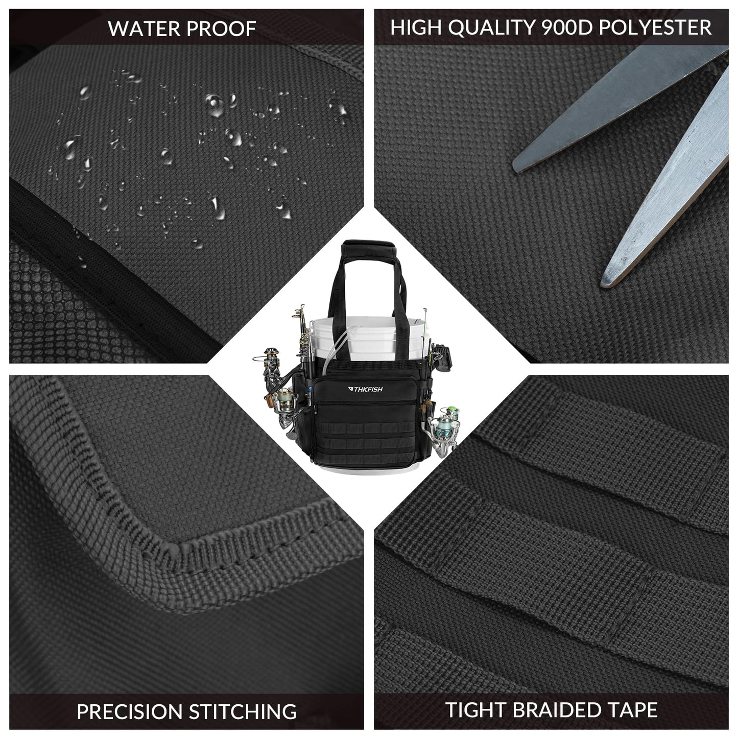 THKFISH Fishing Bucket Organizer for 5 Gallon Bucket, Ice Fishing Bucket Bag with Rod & Plier Holder, Adjustable Fish Protection Bucket Bag with Multi-Pockets for Fishing Gear