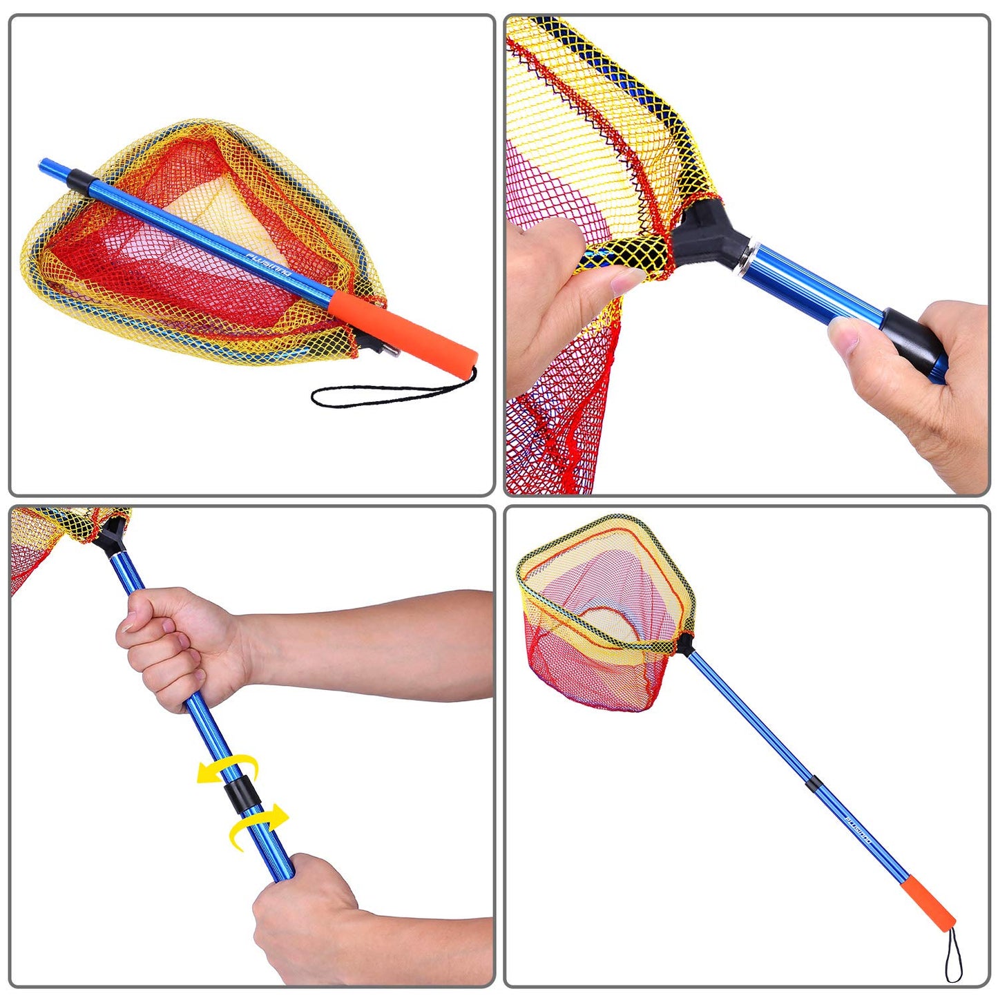 PLUSINNO Kids Fishing Net, Telescopic Lightweight Landing Net with Aluminum Pole Handle and Nylon Mesh, Catch and Release Butterfly Net for Kids Youth Outdoor