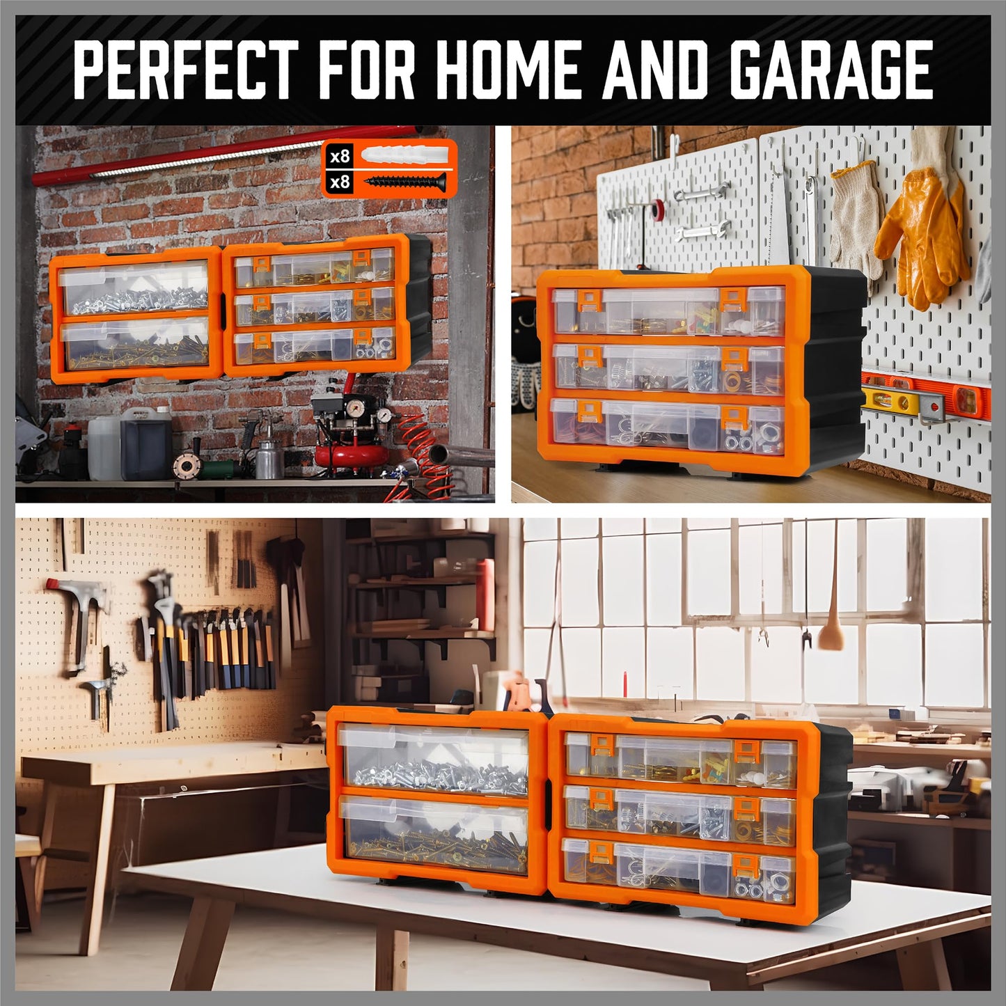 HORUSDY Wall Mounted Storage Bins Parts Rack 30PC Organizer Garage Plastic Shop Tool for Men's Gift, Blue,Orange,Red