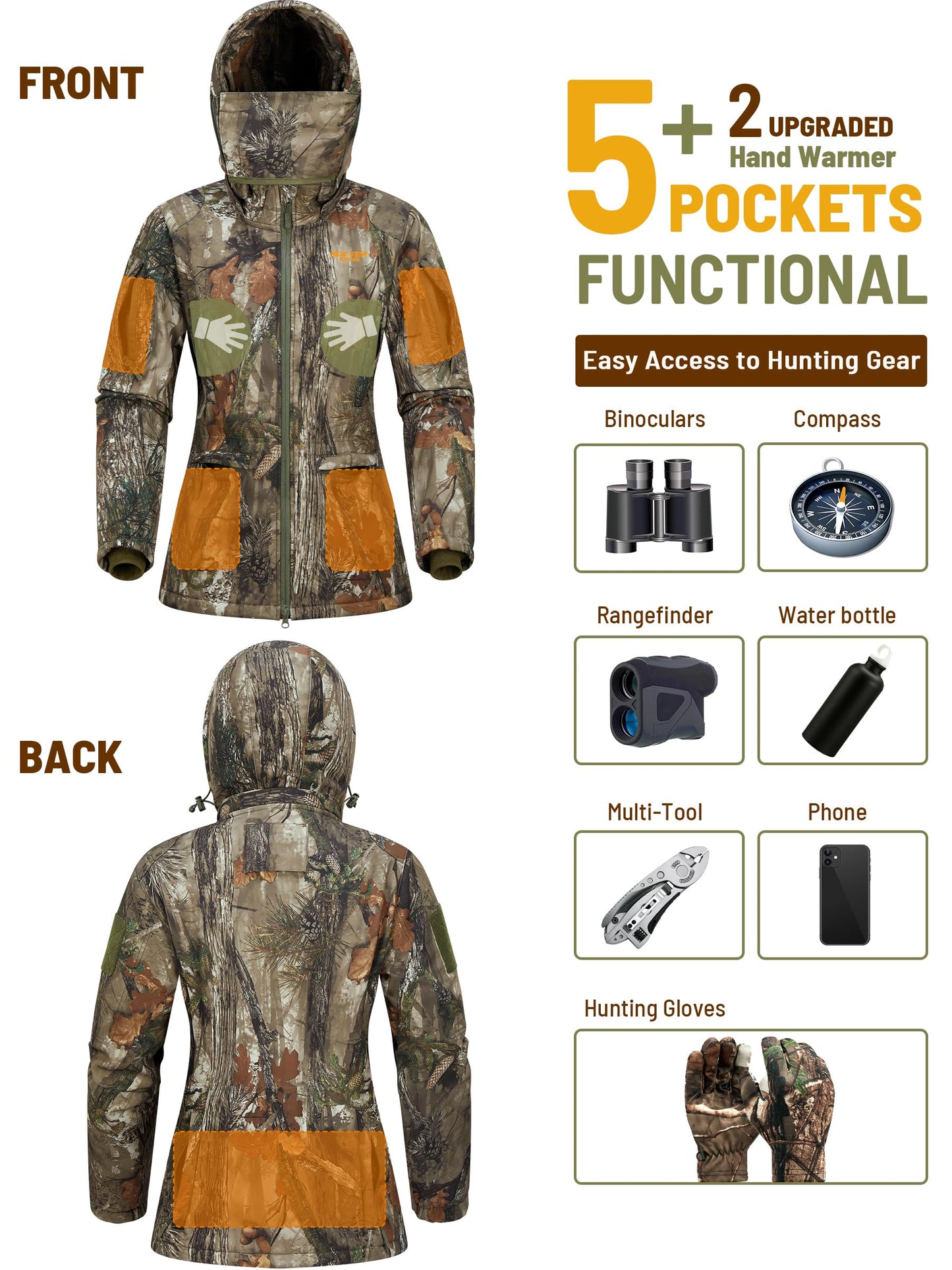 NEW VIEW Womens Hunting Clothes, Upgraded Ultra-Quiet Water Resistant Camo Hunting Jacket for Duck Waterfowl Deer Hunting