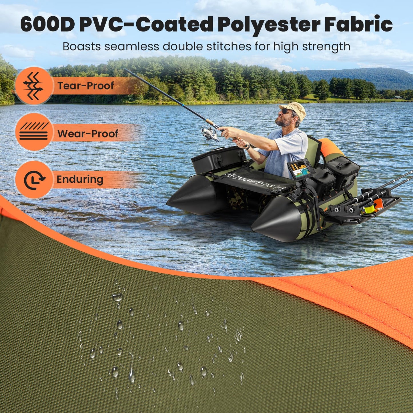 Goplus Inflatable Float Tube, Fishing Belly Boat w/Paddle, Flippers, Fish Ruler, Pump, Storage Bag, Adjustable Straps, 350LBS Load Capacity (Upgrade Green, W/Fish Finder Holder, Rod Rack Basket)