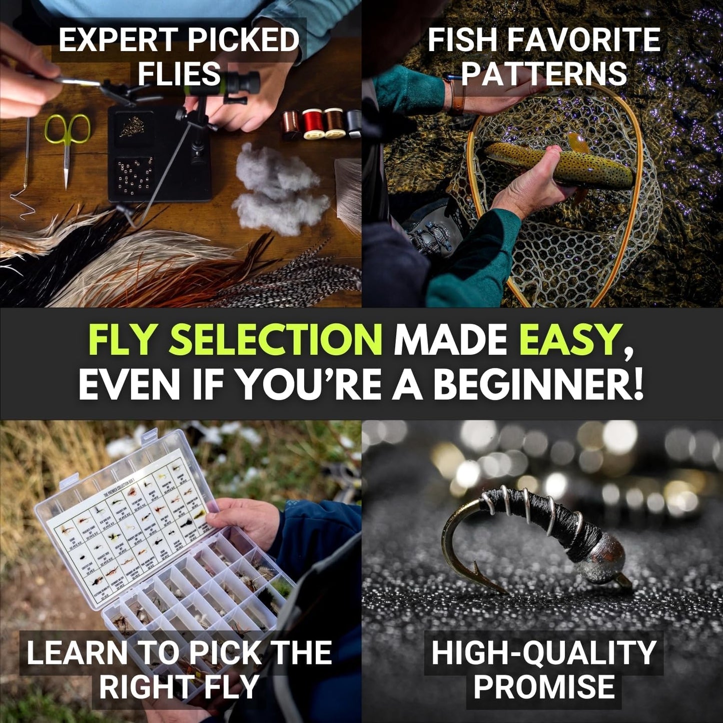 Ventures Fly Co. | 40 Premium Hand Tied Fly Fishing Flies Assortment | Fly Box Included | Dry, Wet, Nymphs, Streamers, Wooly Buggers, Terrestrials | Trout, Bass Lure Set, Kit