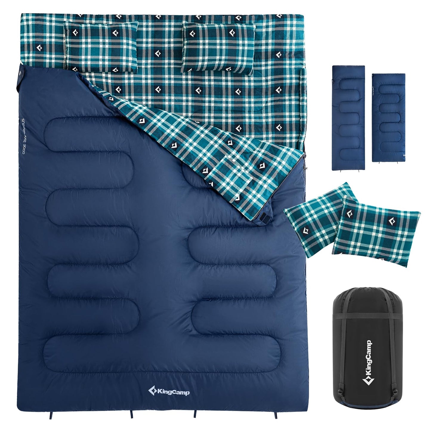 KingCamp Queen Size 2 Person Double Sleeping Bags with Pillows for Adults, 20 Degree Lightweight Backpacking Quilts for Couples Family Camping Hiking and Outdoors, Waterproof