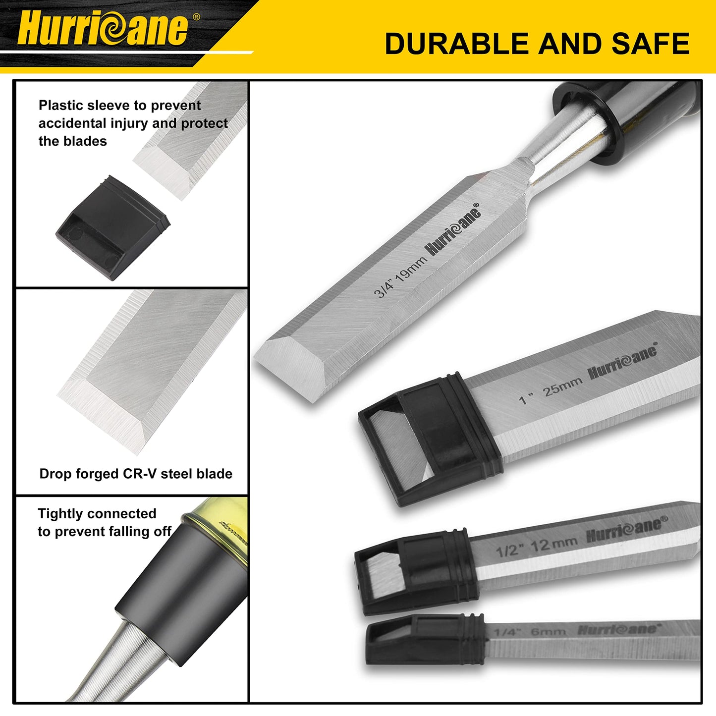 HURRICANE 4 Piece Wood Chisel Set for Woodworking. CR-V Steel Beveled Edge Blades with Safety Caps. Durable PVC High Impact Handle, for Precision Carving & DIY Projects (1/4", 1/2", 3/4", 1")