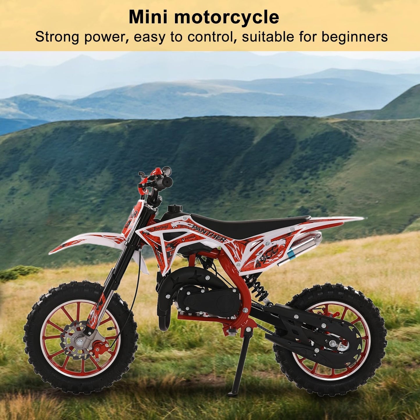 49cc Kids Dirt Bike, Gas Powered 2-Stroke Mini Motocross Motorcycle, Off-Road Dirtbike for Kids 8-14 with Front/Rear Disc Brakes, Shock Absorption, Soft Seat Cushion