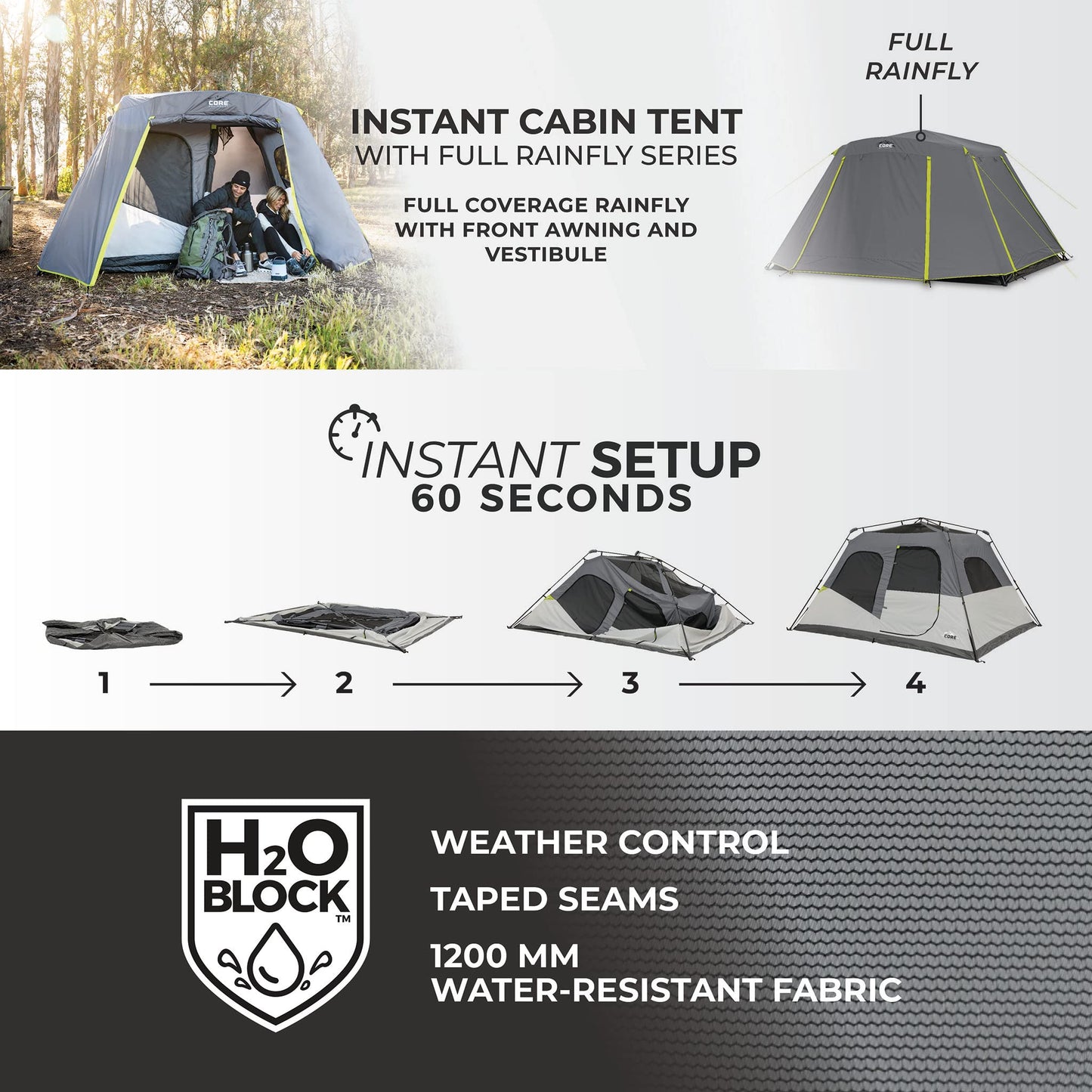 CORE Instant Cabin Tents | 6 Person / 9 Person / 10 Person / 12 Person Family Cabin Multi Room Pop Up Tents Car Camping | Included Storage Pockets for Camping Accessories