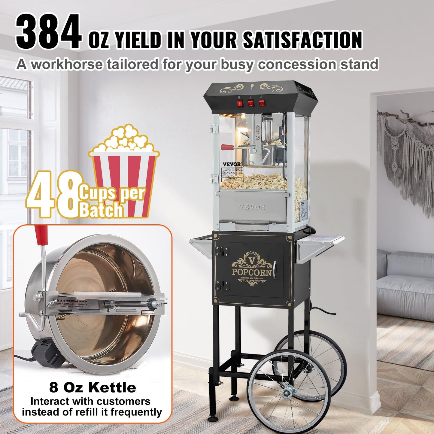 VEVOR Commercial Popcorn Machine, 8 Oz Kettle, 850 W Countertop Popcorn Maker for 48 Cups per Batch, Theater Style Popper with 3-Switch Control Steel Frame Tempered Glass Doors 2 Scoops 2 Spoons, Red
