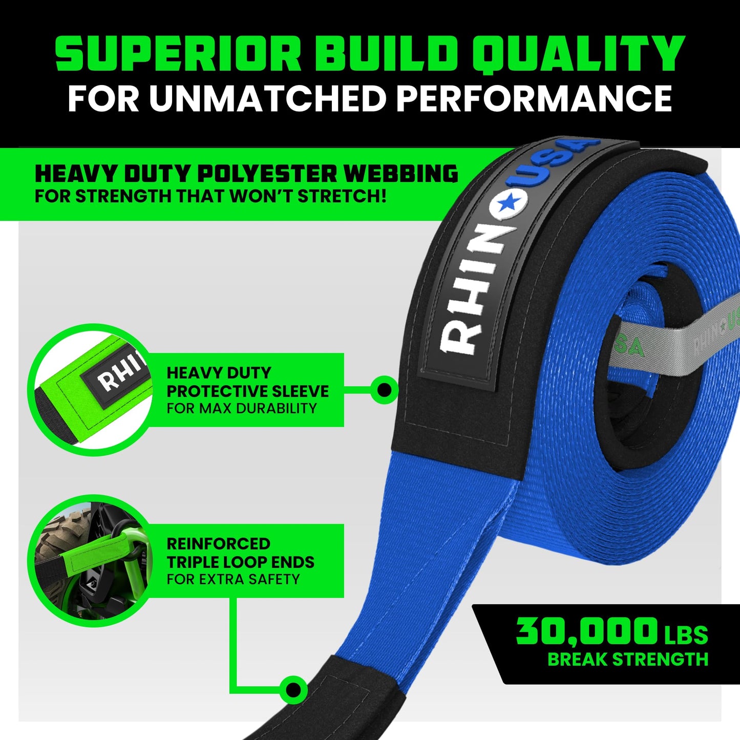 Rhino USA Recovery Tow Strap (3" x 20') - 31,518lb Break Strength - Emergency Recovery Strap Tow Rope for Truck, UTV, ATV & More - Heavy Duty Towing Strap for Offroad 4x4 Use - Compatible with Jeep