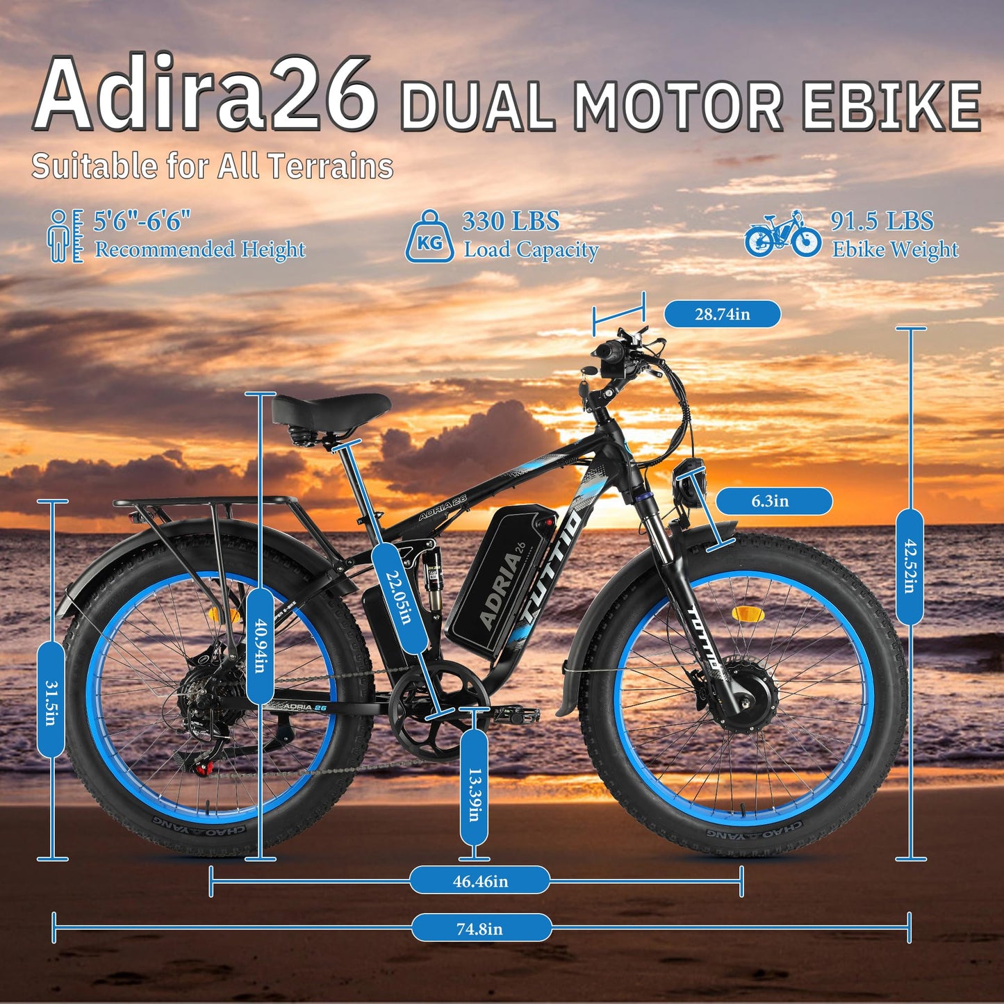 Peak 5000W-Electric-Bike for Adults-Men, Dual-Motor-Ebike 40-46MPH-Hunting-Ebike, 52V 30AH Long Range Dirtbike, 26" Fat-Tire-Electric-Bicycle, Full Suspension Mountain Bike for Off-Road Snow Sand