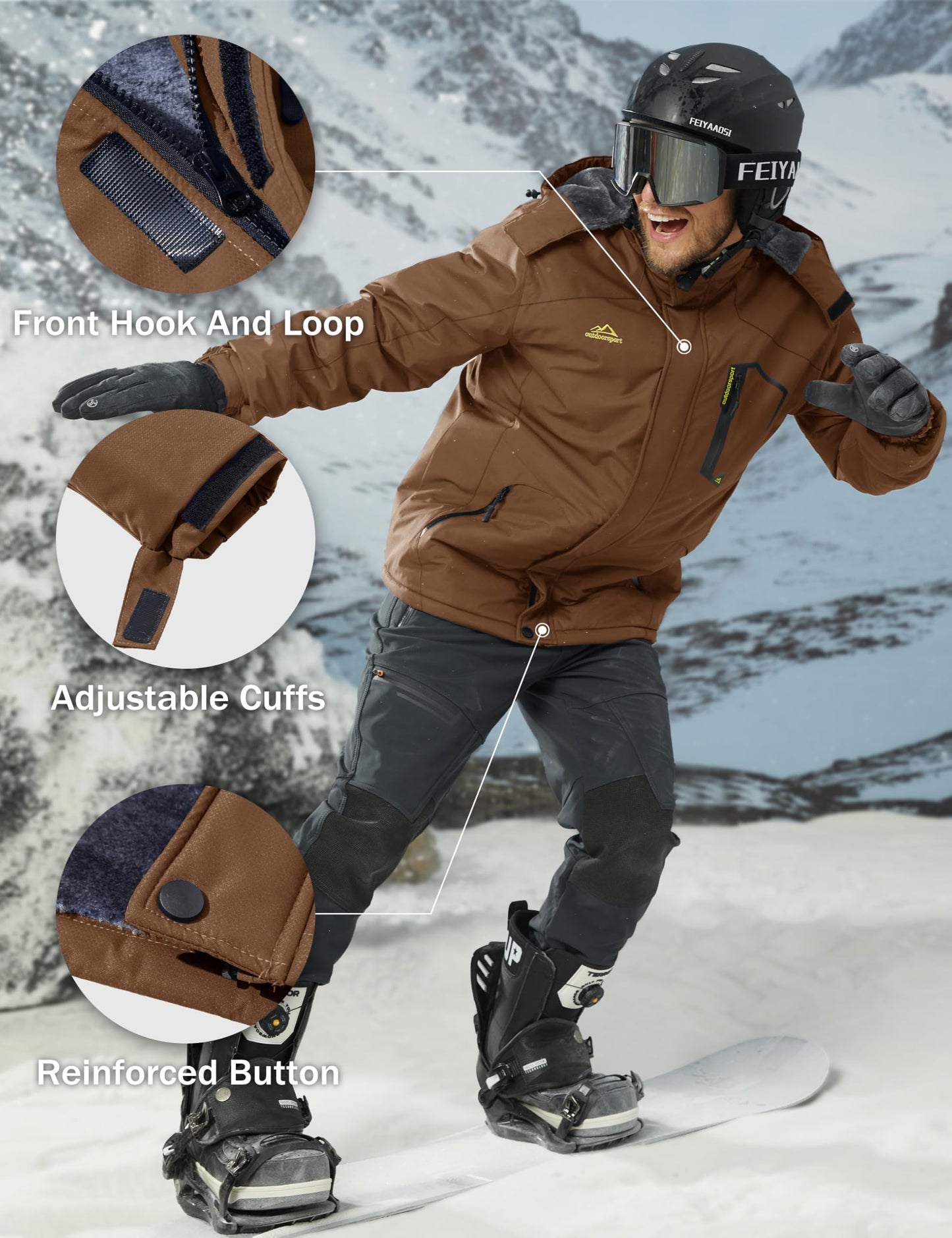 MAGCOMSEN Winter Coats For Men Ski Snowboard Jacket Tactical Work Jacket Snow Waterproof Fleece Jackets with Multi-Pockets Coffee XL