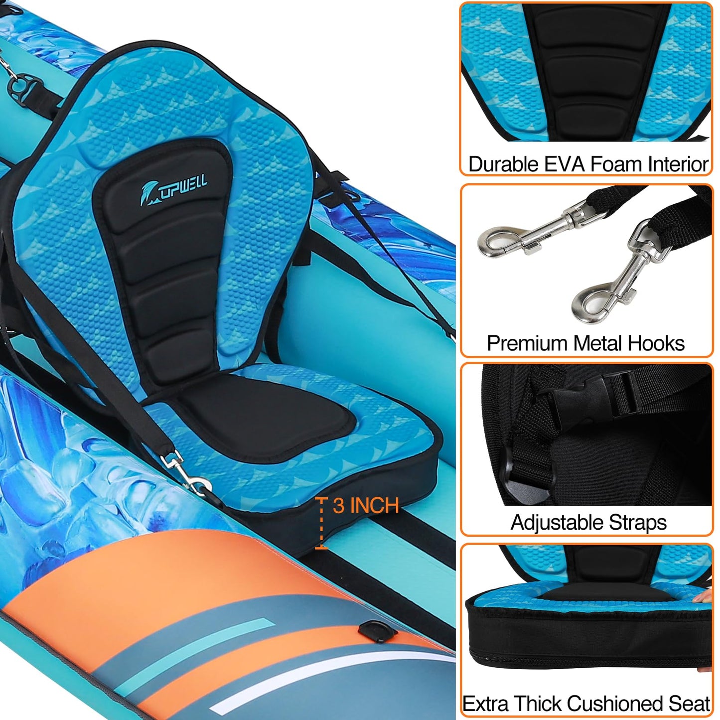 UPWELL 13'6”/11' Inflatable Recreational Kayak - 2 Person with Drop Stitch Floor and Accessories Including Kayak Seats with High Back Support, Paddle, Fin, Repair Kits, Carry Bag and Hand Pump