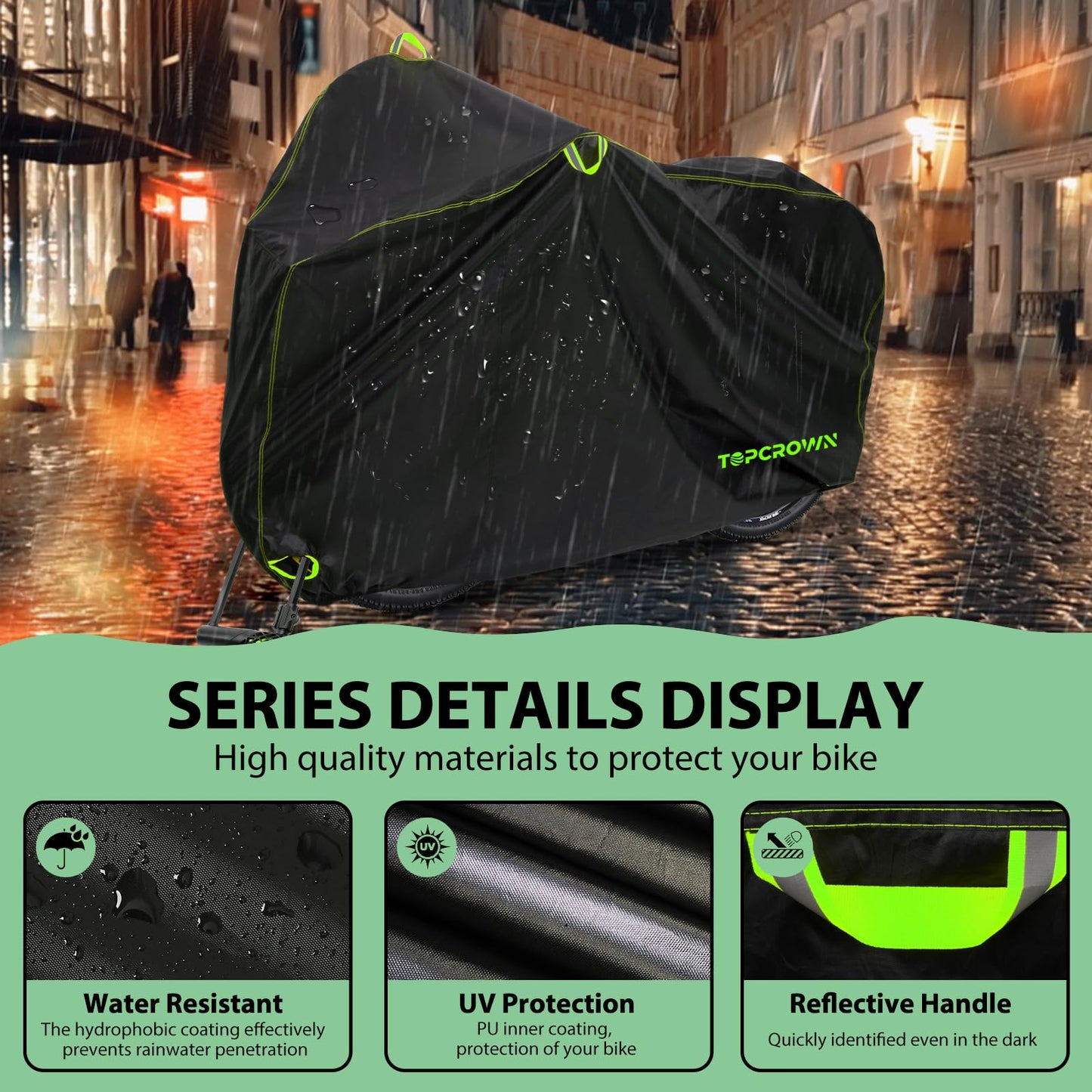 Bike Cover Waterproof Outdoor Storage for 1/2/3 Bikes, Bicycle Cover Rain Sun UV Dust Wind Proof with Storage Bag for Mountain Road Bike/Ebike (210D Black+Green, XL Size for 1 bike)
