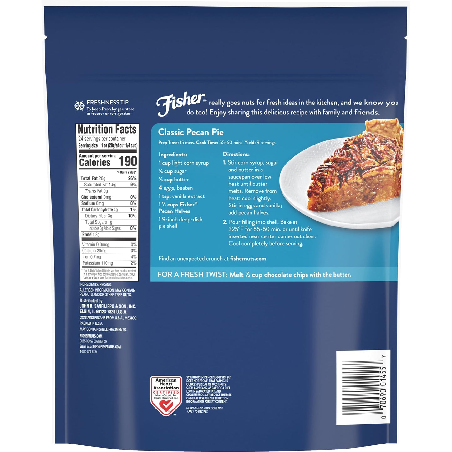 Fisher Chef's Naturals Pecan Halves 24 oz Resealable Bag, Unsalted Raw Nuts for Cooking, Baking & Snacking, Healthy Snacks for Adults, Vegan Protein, Keto Snack, Gluten Free Raw Pecans Halves