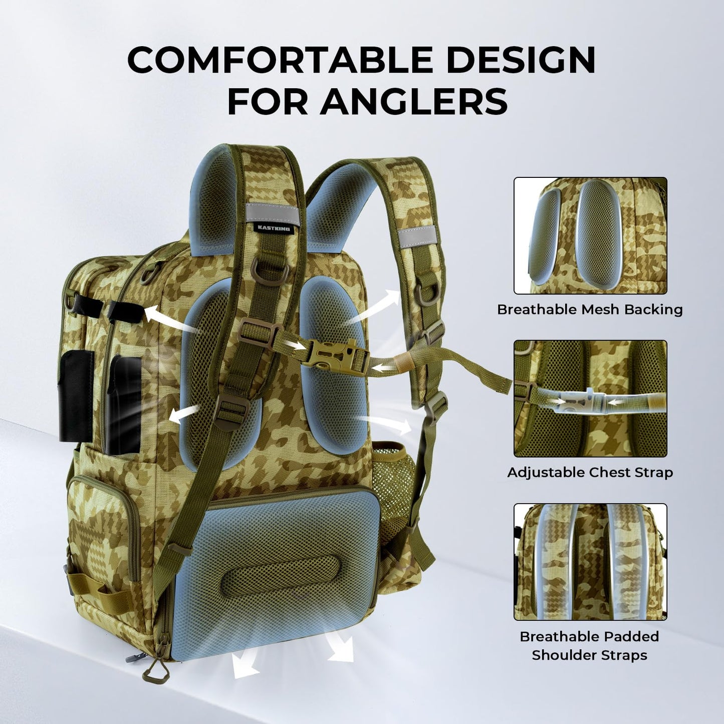 KastKing BaitSpace 50L Fishing Tackle Backpack with Removable Bait Binder & 4 Tackle Boxes, Rod Holders Storage Fishing Gear