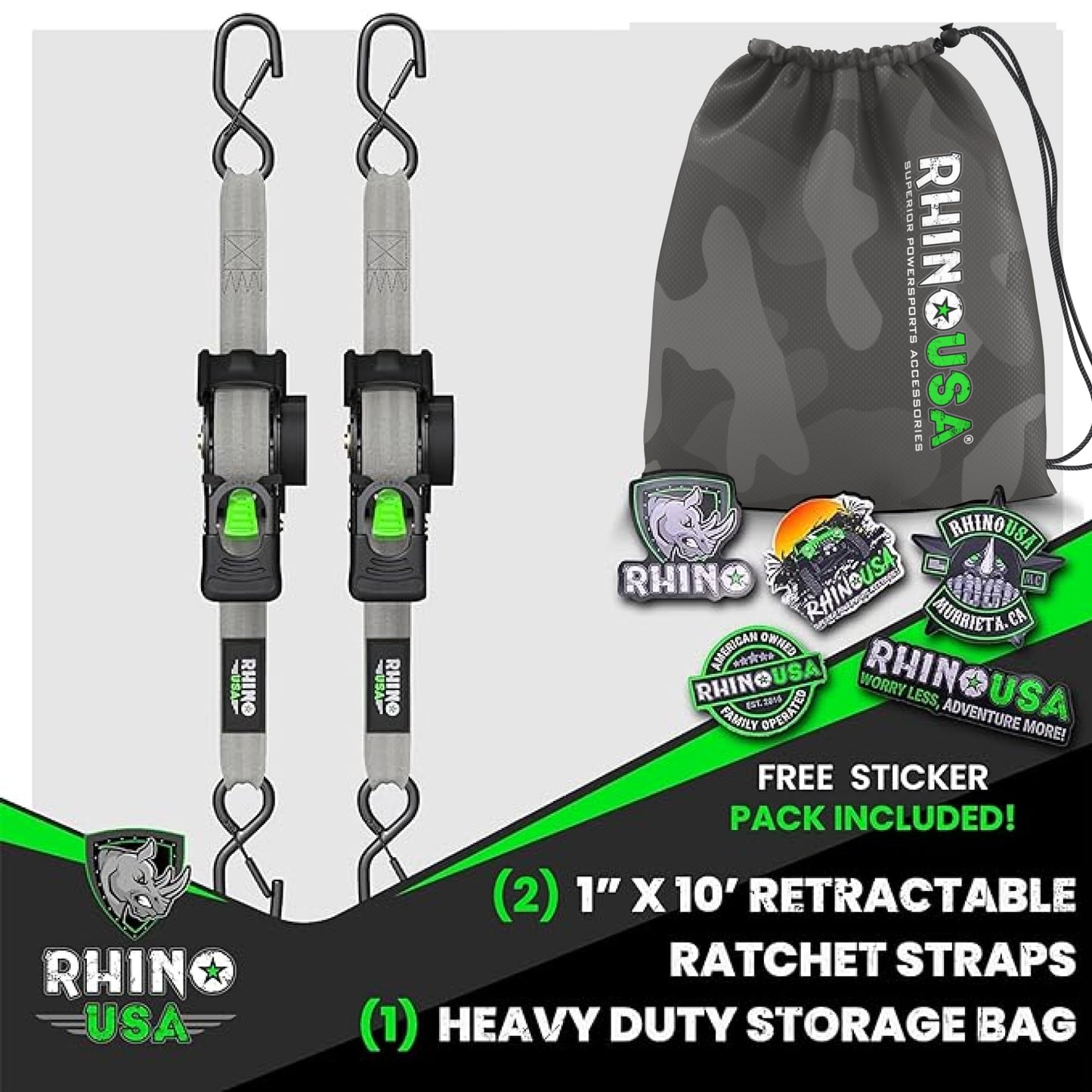Rhino USA Retractable Ratchet Straps (4-Pack) - 1 Inch x 10 Feet (1,209lb Break Strength) - Heavy Duty Auto Self Retracting Tie Down Straps for Truck, Cargo Trailer, Motorcycle, Rad & More - Black