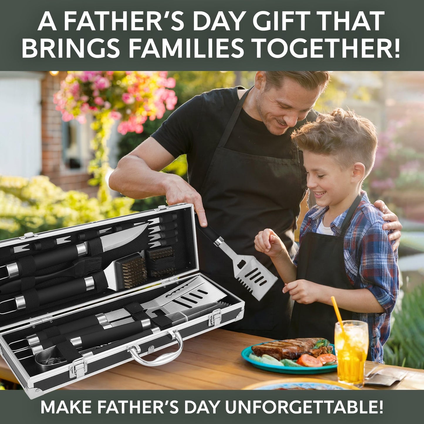 Kaluns Grilling Accessories, Dad Gifts for Fathers Day Grilling Gifts, Heavy Duty Stainless Steel BBQ Grill Tools Set for Outdoor Grill with Aluminum Case and Apron, Dad Birthday Gifts for Men Husband