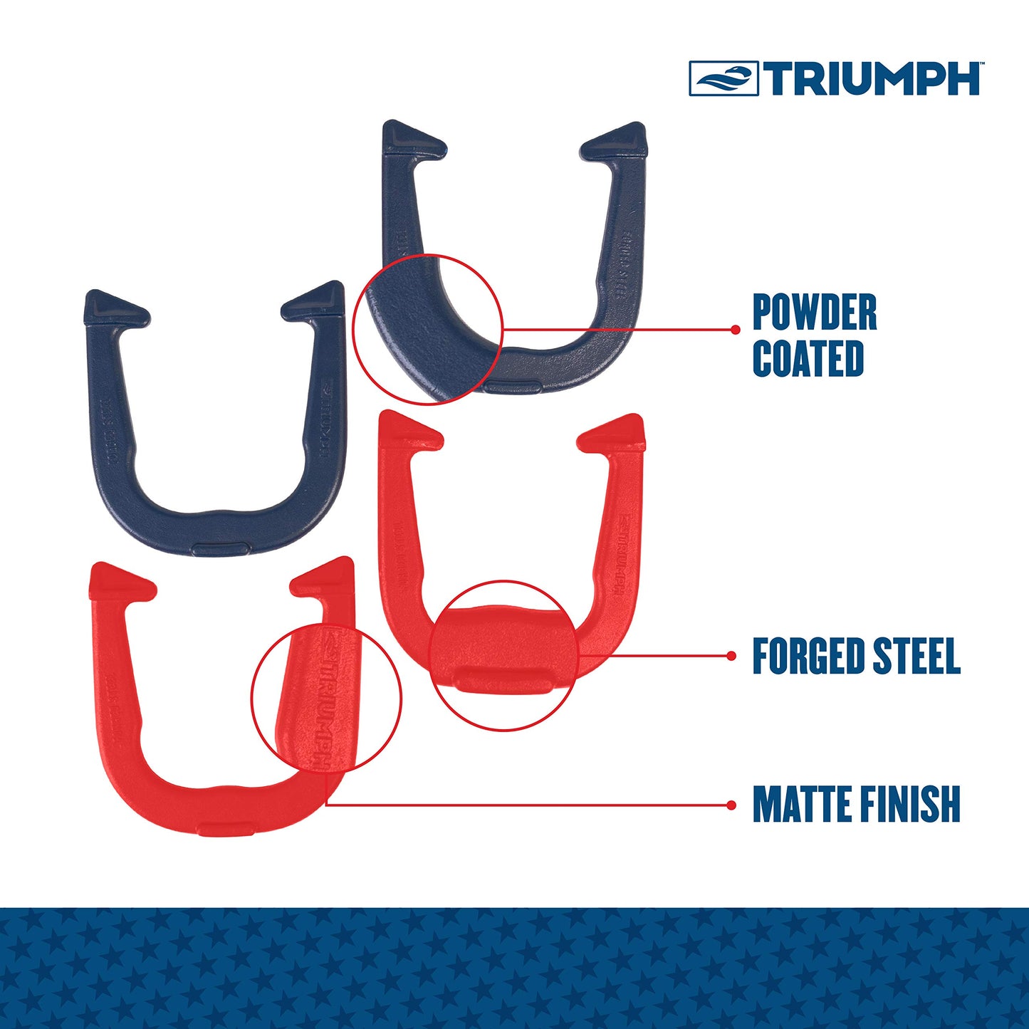 TRIUMPH SPORTS USA Patriotic Forged Horseshoe Set Complete with 4 Horseshoes, 2 Stakes and Hard Plastic Case with Locking Tabs for Transportation and Storage