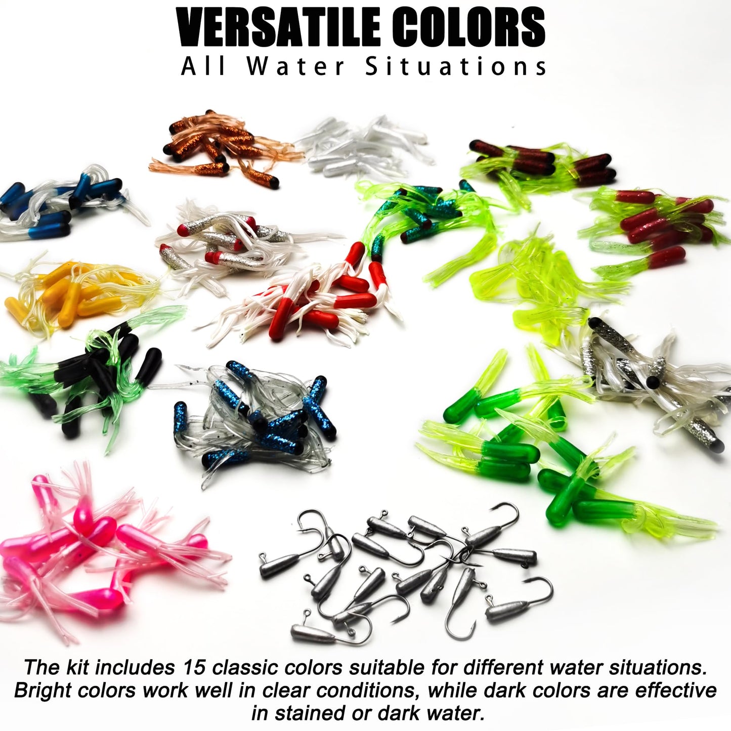 Crappie Lures Tube Lures Jigs Heads Worms Swimbaits Kit, 165, 124, 50 Pcs Pre-Rigged Crappie Jigs Tube Hooks Soft Plastic Grub Worms Baits for Bass Trout Freshwater Saltwater Fishing