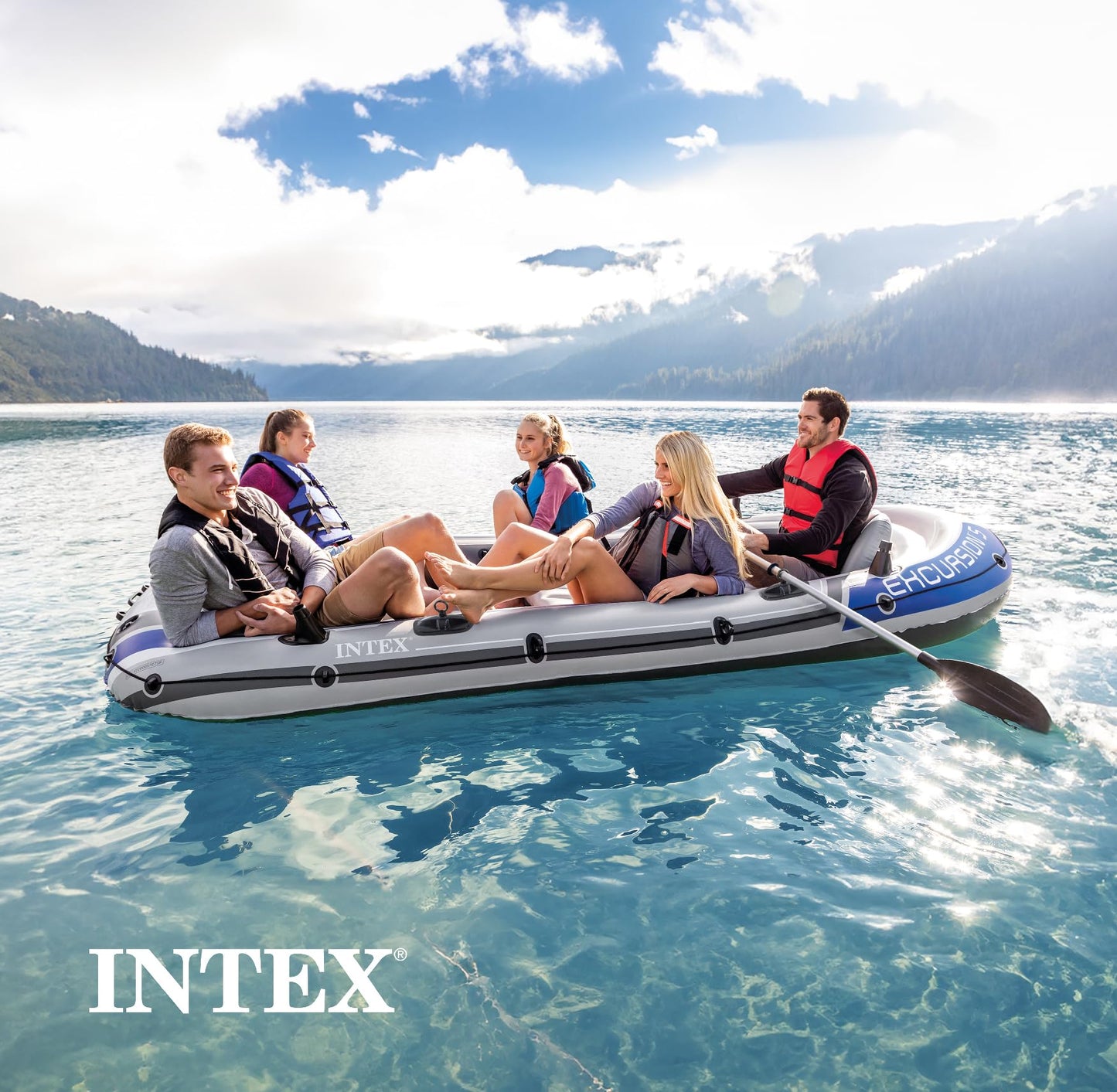 INTEX Excursion Inflatable Boat Series: Includes Deluxe 54in Boat Oars and High-Output Pump – SuperTough PVC – Adjustable Seats with Backrest – Fishing Rod Holders – Welded Oar Locks