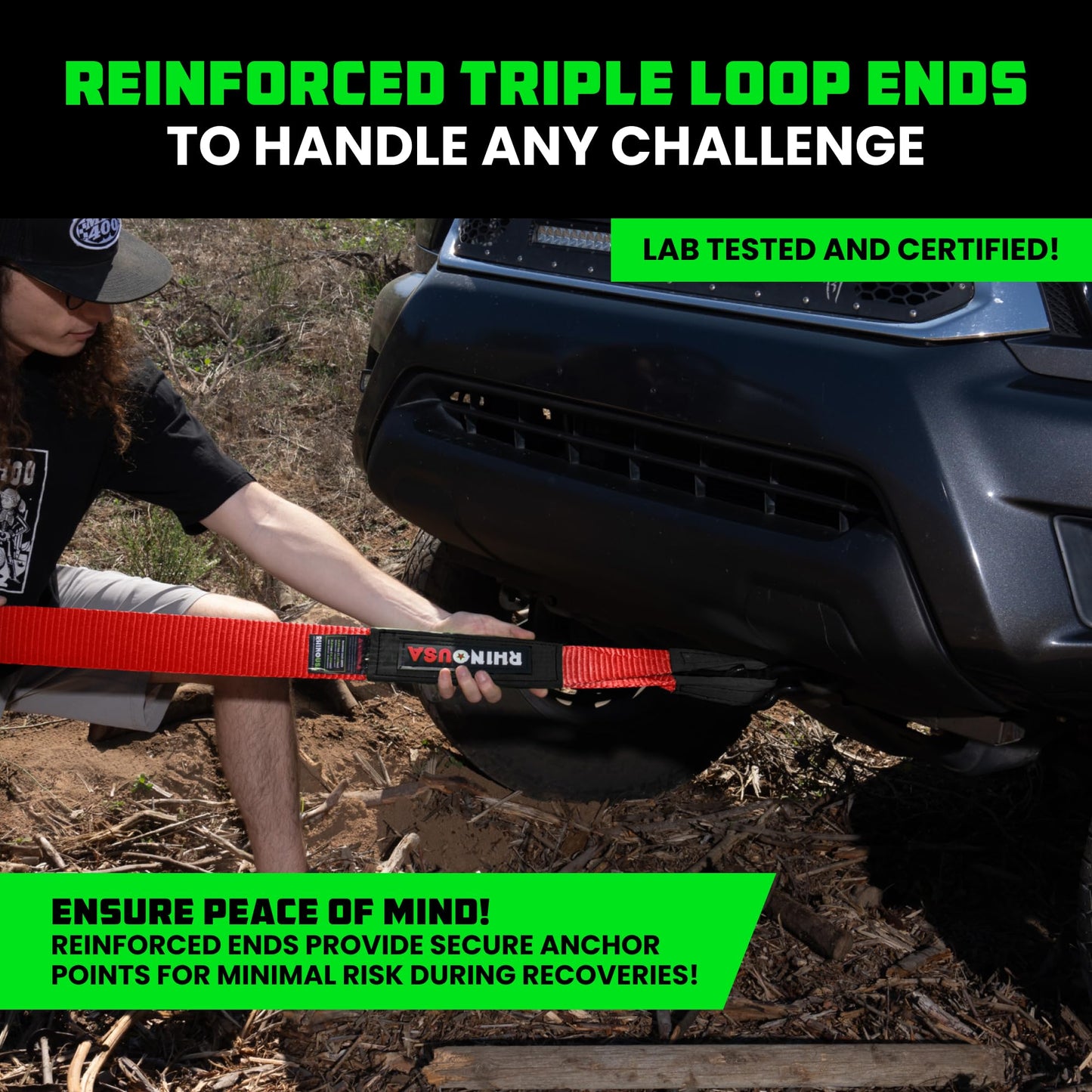Rhino USA Recovery Tow Strap (3" x 20') - 31,518lb Break Strength - Emergency Recovery Strap Tow Rope for Truck, UTV, ATV & More - Heavy Duty Towing Strap for Offroad 4x4 Use - Compatible with Jeep