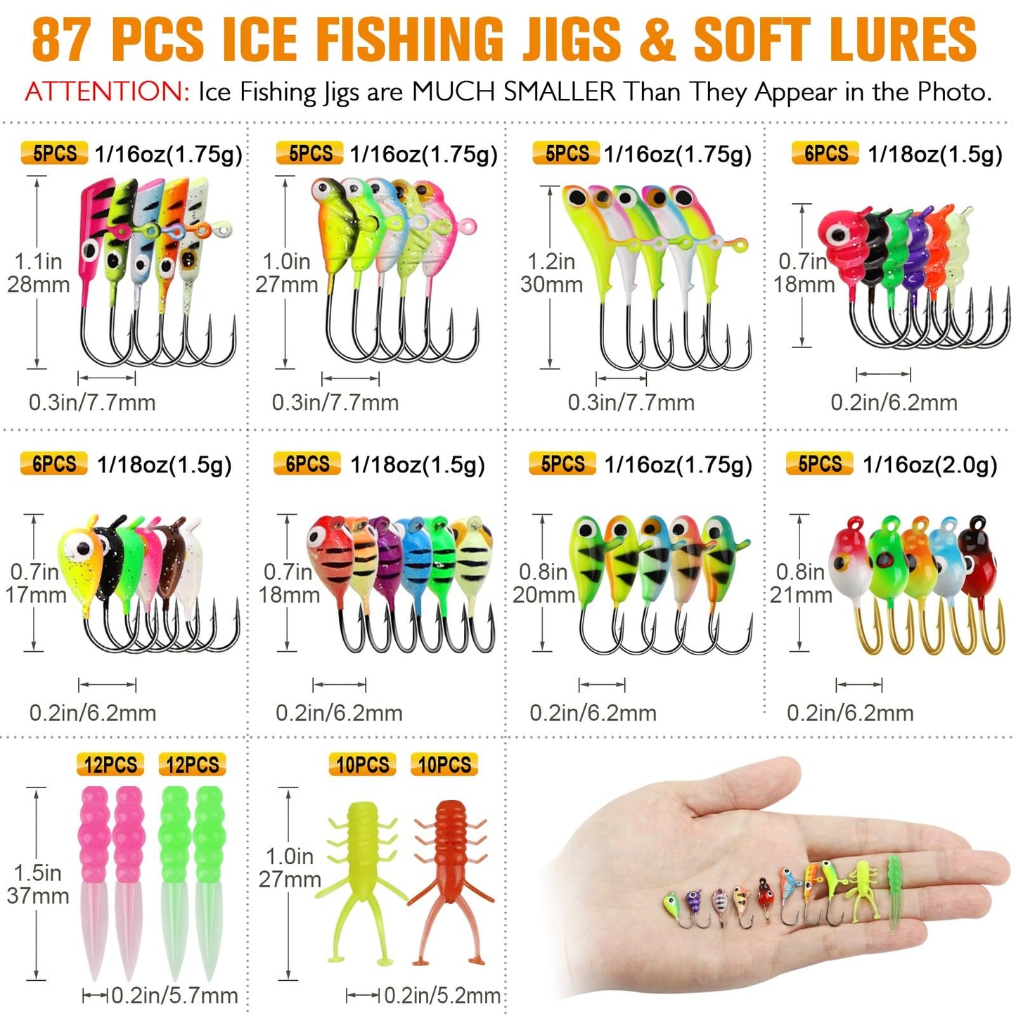 Dovesun Ice Fishing Jigs Kit, Ice Fishing Lures Glow in The Dark Ice Jigs | Soft Baits Ice Fishing Jig Heads Walleye Crappie Jigs Set 20-93Pcs