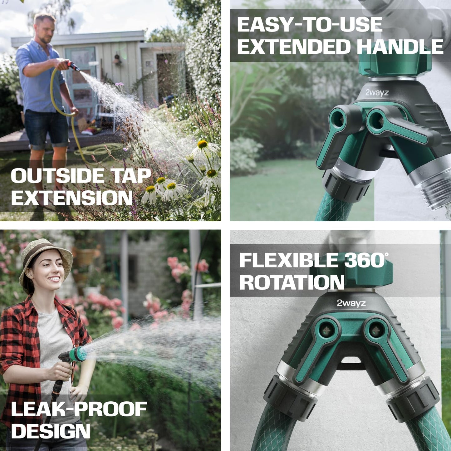 Hose Splitter 2 Way Heavy Duty - 2WAYZ Outdoor Faucet and Garden Hose Splitters - Durable Water Spigot Splitter Y Adapter - All-Metal Water Pipe Connector with Shut-Off Valve - 4" x 4" x 1.5"