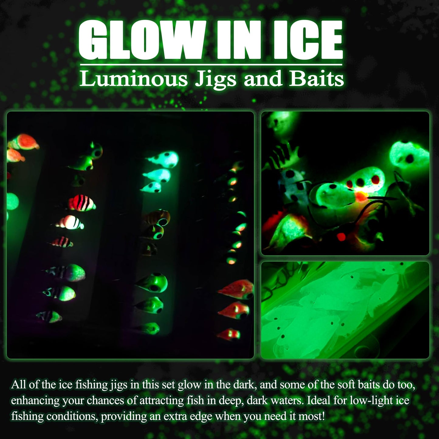 45Pcs Tungsten Ice Fishing Jigs Lures Kit, Micro Glow Tungsten Winter Jig Heads Hooks for Walleye Crappie Panfish Trout, Ice Fishing Gear Equipment Tackle Accessories
