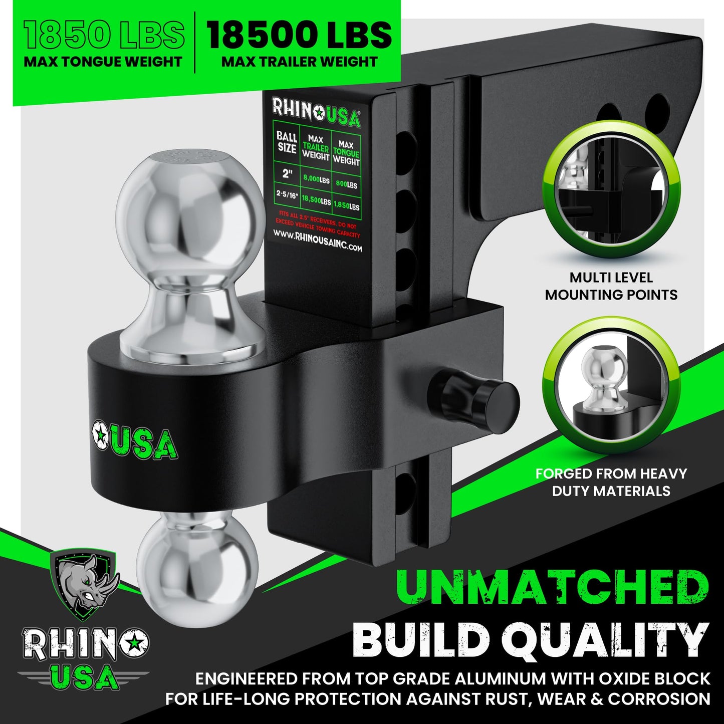 Rhino USA Adjustable Trailer Hitch (Fits 2-Inch Receiver) - Heavy Duty Aluminum Tow Hitches with 6-Inch Drop/Rise for Truck (12,500 LBS GTW) - Weatherproof Double Anti-Theft Locking Hitch Pins (Black)
