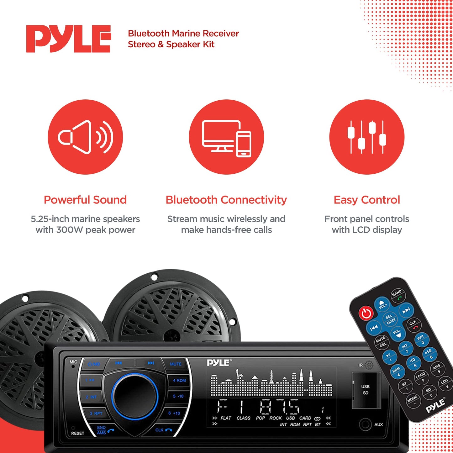 Pyle Marine Receiver & Speaker Kit - In-Dash LCD Digital Stereo Built-in Bluetooth & Microphone w/ AM FM Radio System 5.25’’ Waterproof Speakers (2) MP3/USB/SD Readers & Remote Control - PLMRKT36WT