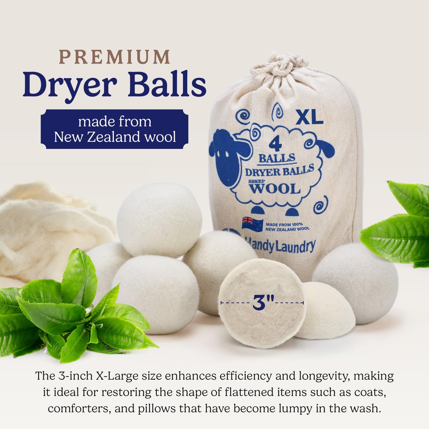 Handy Laundry Wool Dryer Balls - Natural Fabric Softener, Reusable, Reduces Clothing Wrinkles and Saves Drying Time, Better Alternative to Plastic Balls and Liquid Softener (Pack of 6)
