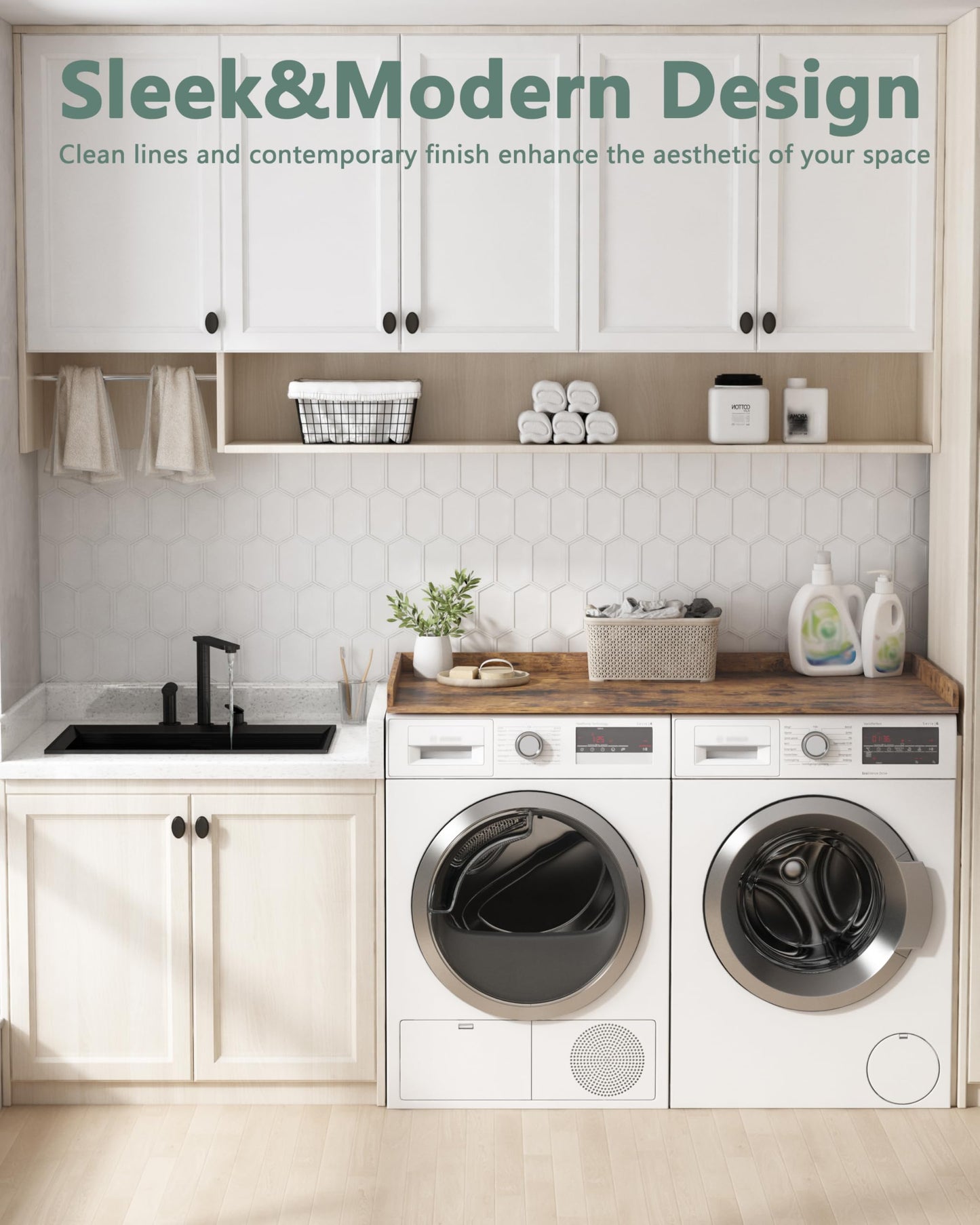 Piskyet Washer Dryer Countertop,Laundry Countertop with Edge Rails,27.5" Depth x 54" Wood Countertop For Washer and Dryer,Laundry Machine Topper for Laundry Room Organization and Storage(Rustic Brown)